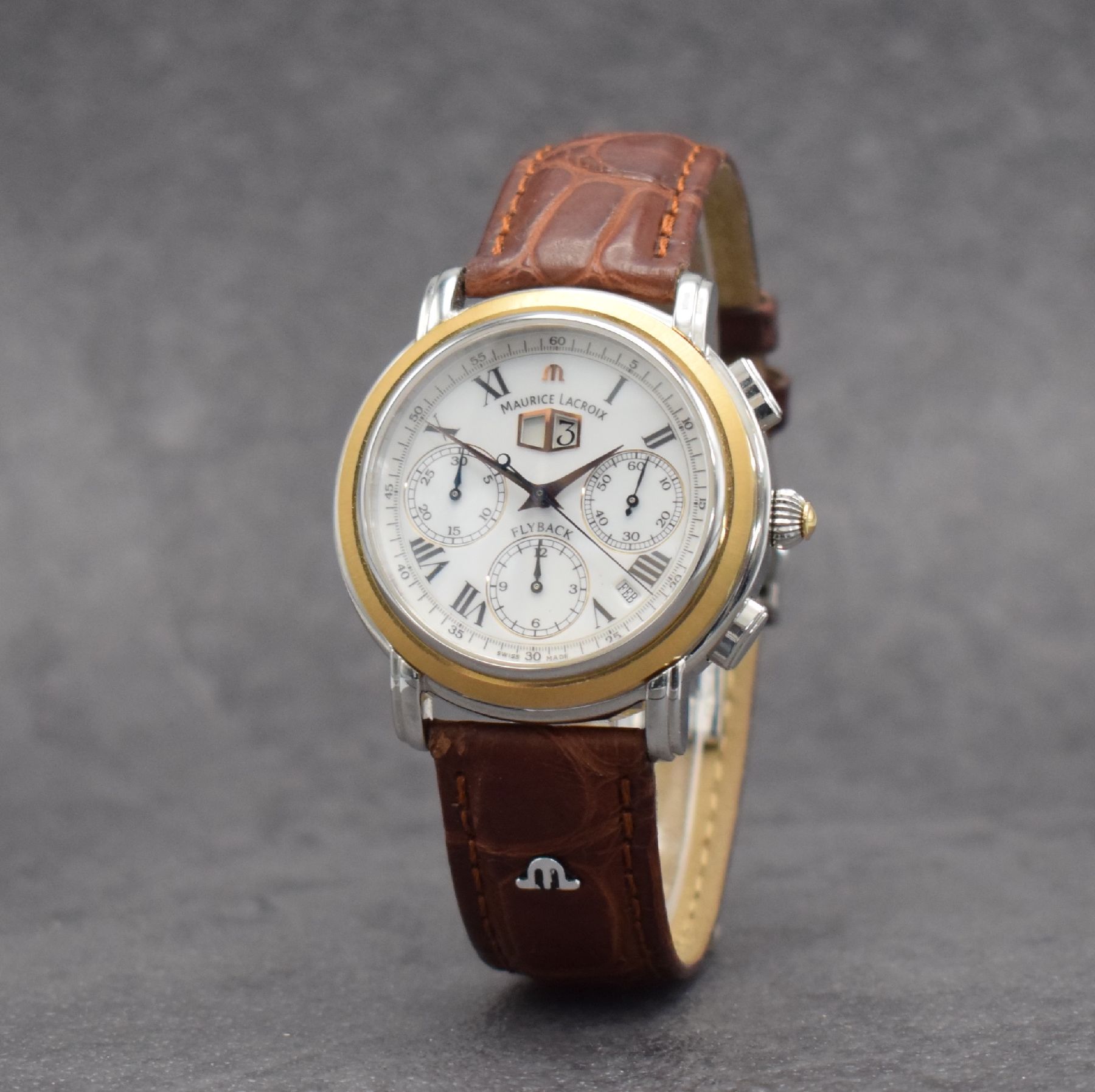 Detail b: MAURICE LACROIX Flyback Herrenarmbanduhr mit Chronograph, Schweiz um 2005, Automatik, Ref. 15827, beids. vergl. Edelstahlgeh., Boden 6-fach verschr., ...