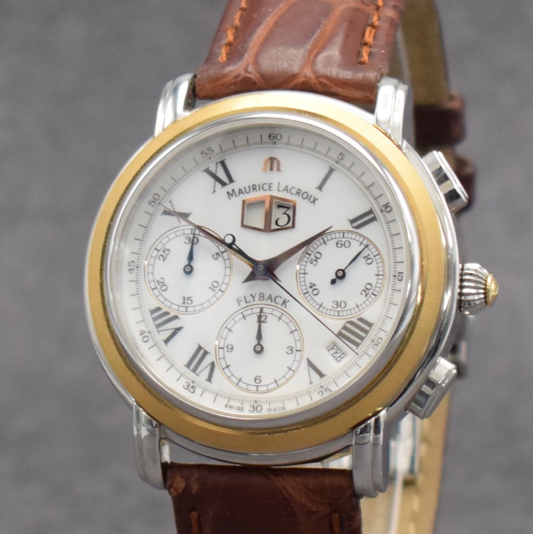 Detail c: MAURICE LACROIX Flyback Herrenarmbanduhr mit Chronograph, Schweiz um 2005, Automatik, Ref. 15827, beids. vergl. Edelstahlgeh., Boden 6-fach verschr., ...