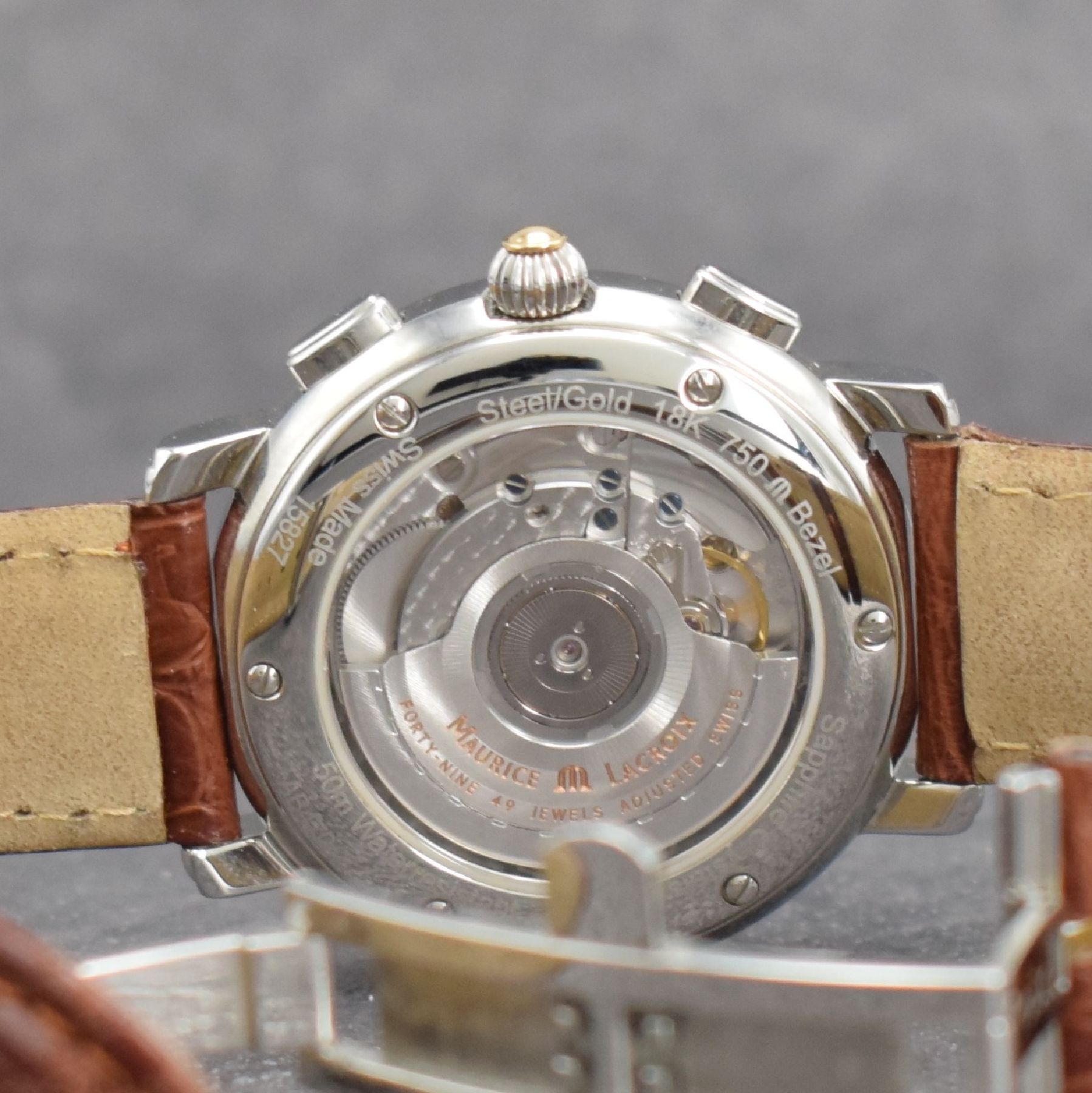 Detail e: MAURICE LACROIX Flyback Herrenarmbanduhr mit Chronograph, Schweiz um 2005, Automatik, Ref. 15827, beids. vergl. Edelstahlgeh., Boden 6-fach verschr., ...