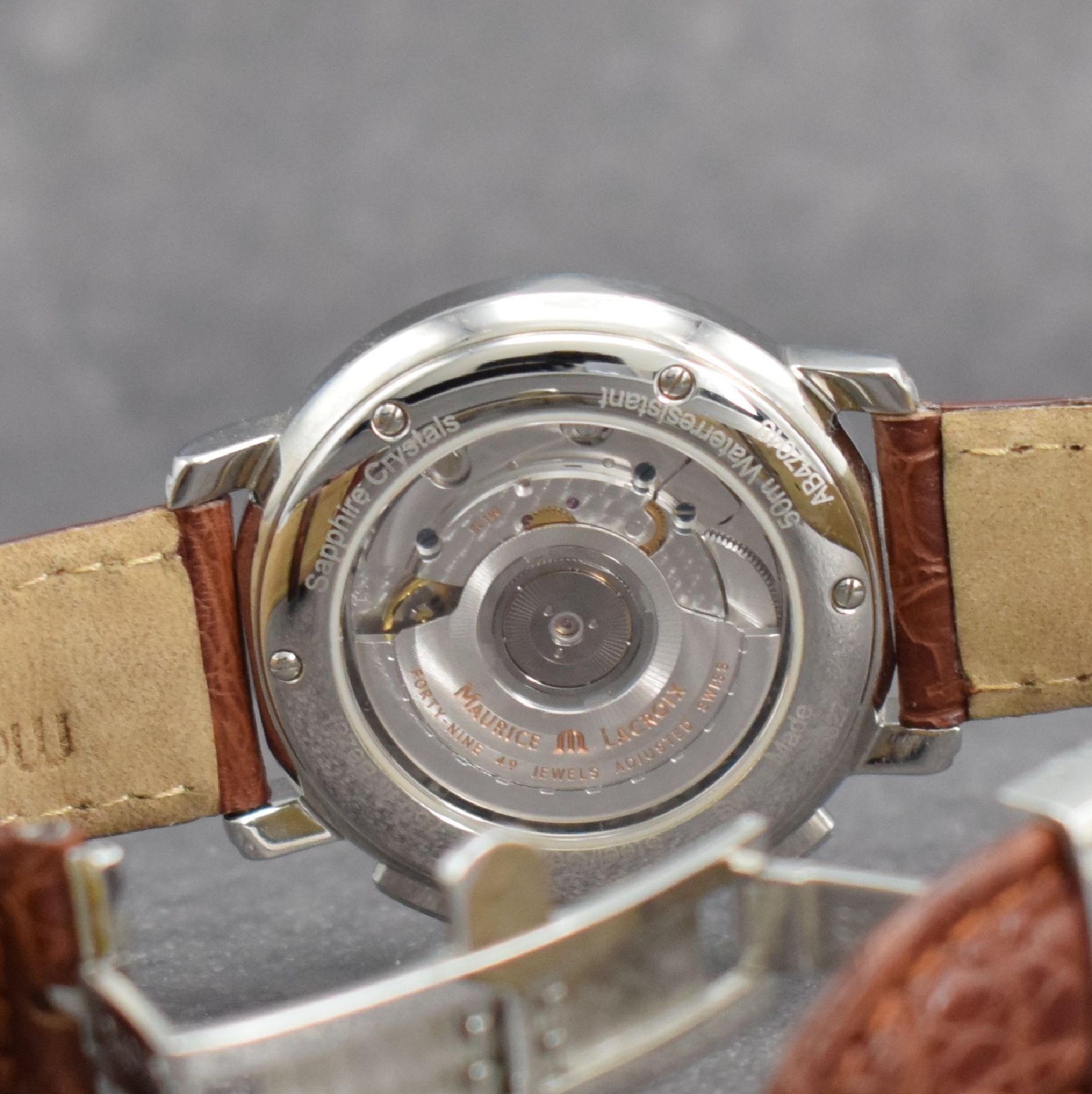 Detail f: MAURICE LACROIX Flyback Herrenarmbanduhr mit Chronograph, Schweiz um 2005, Automatik, Ref. 15827, beids. vergl. Edelstahlgeh., Boden 6-fach verschr., ...