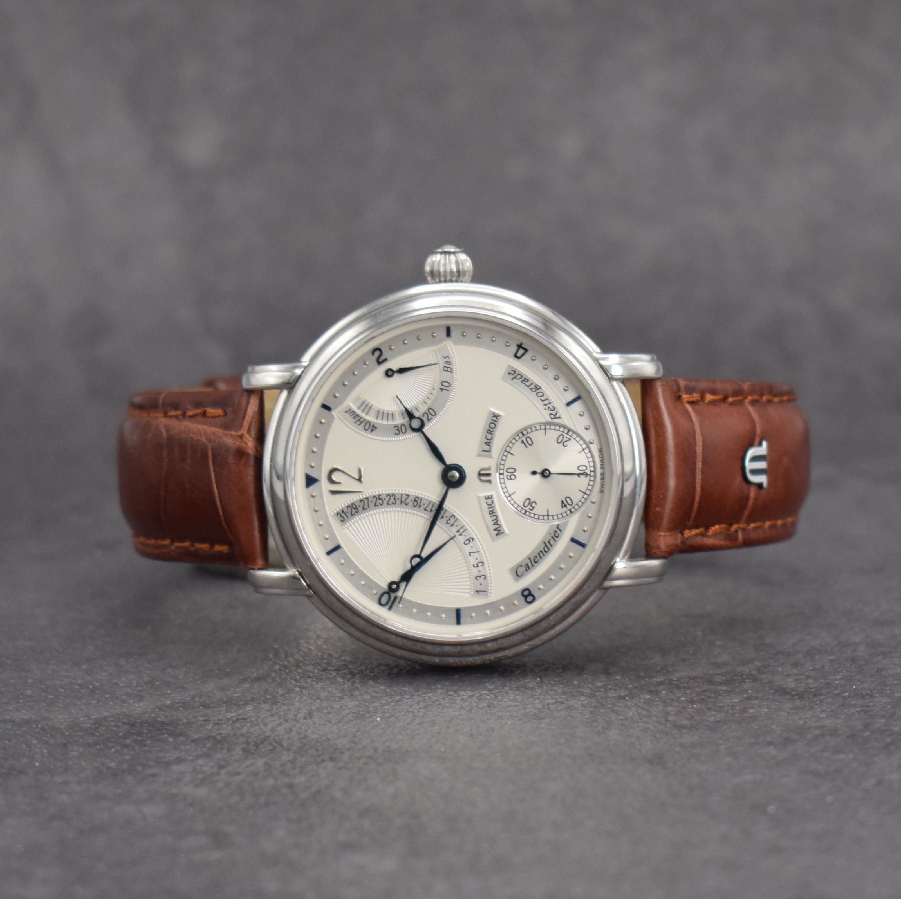 MAURICE LACROIX Herrenarmbanduhr Modell Calendrier Rétrograde, Schweiz um 2000, Handaufzug, Ref. 76840, beids. vergl. Edelstahlgeh., Boden 8-fach ...