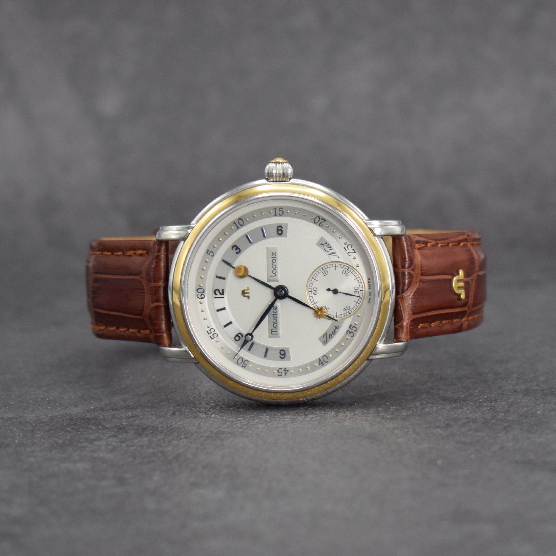 MAURICE LACROIX Herrenarmbanduhr Jour et Nuit, Schweiz um 2000, Handaufzug, Ref. 07769, beids. vergl. Edelstahlgeh., Boden aufgedr., Maurice Lacroix ...