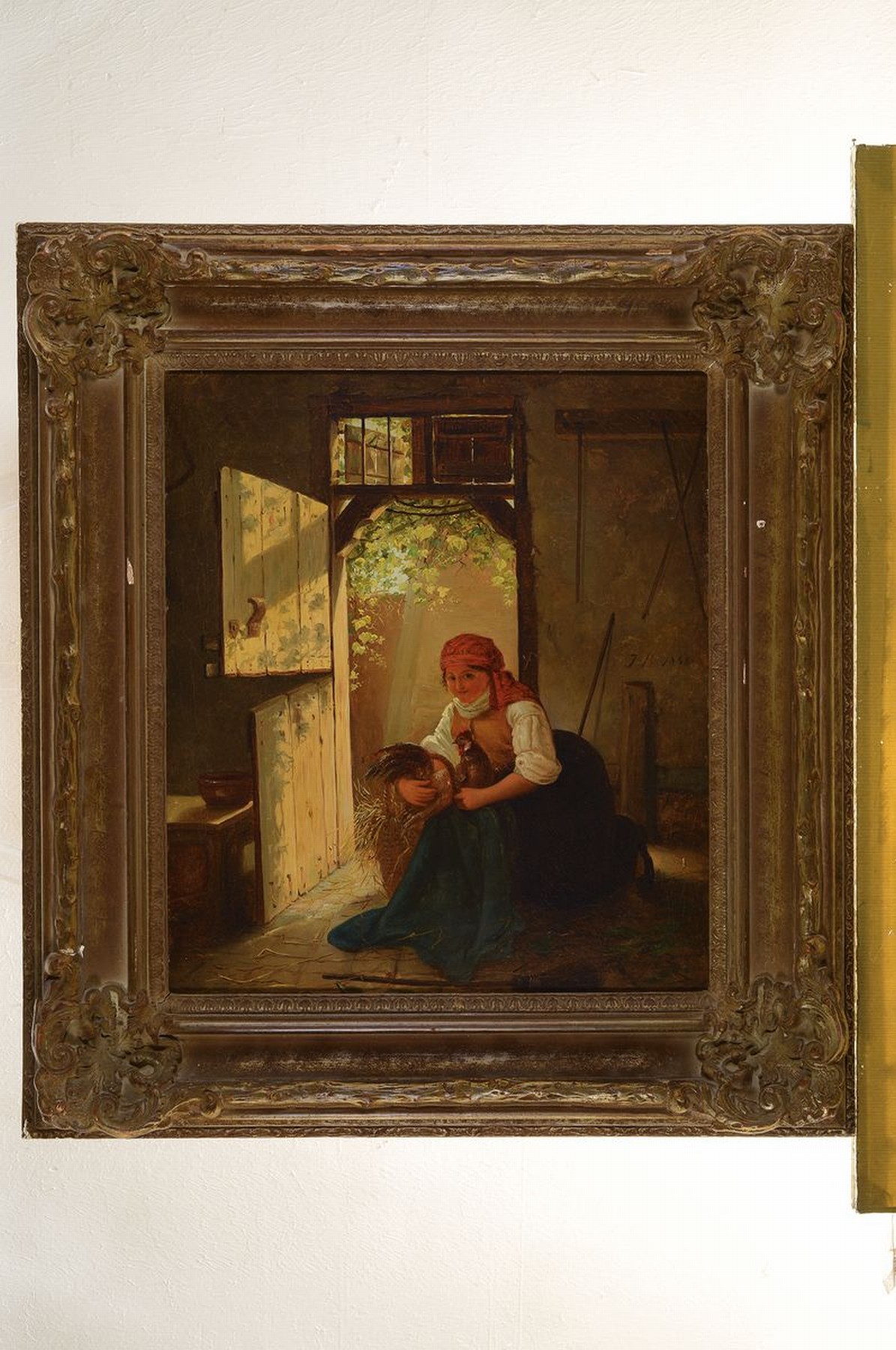 Detail k: Monogrammist J.B., datiert 1858, Bäuerin mit Hahn in der Scheune, Öl/Lwd, seitlich rechts signiert, ca. 48x41cm, R. ca. 67x61cm