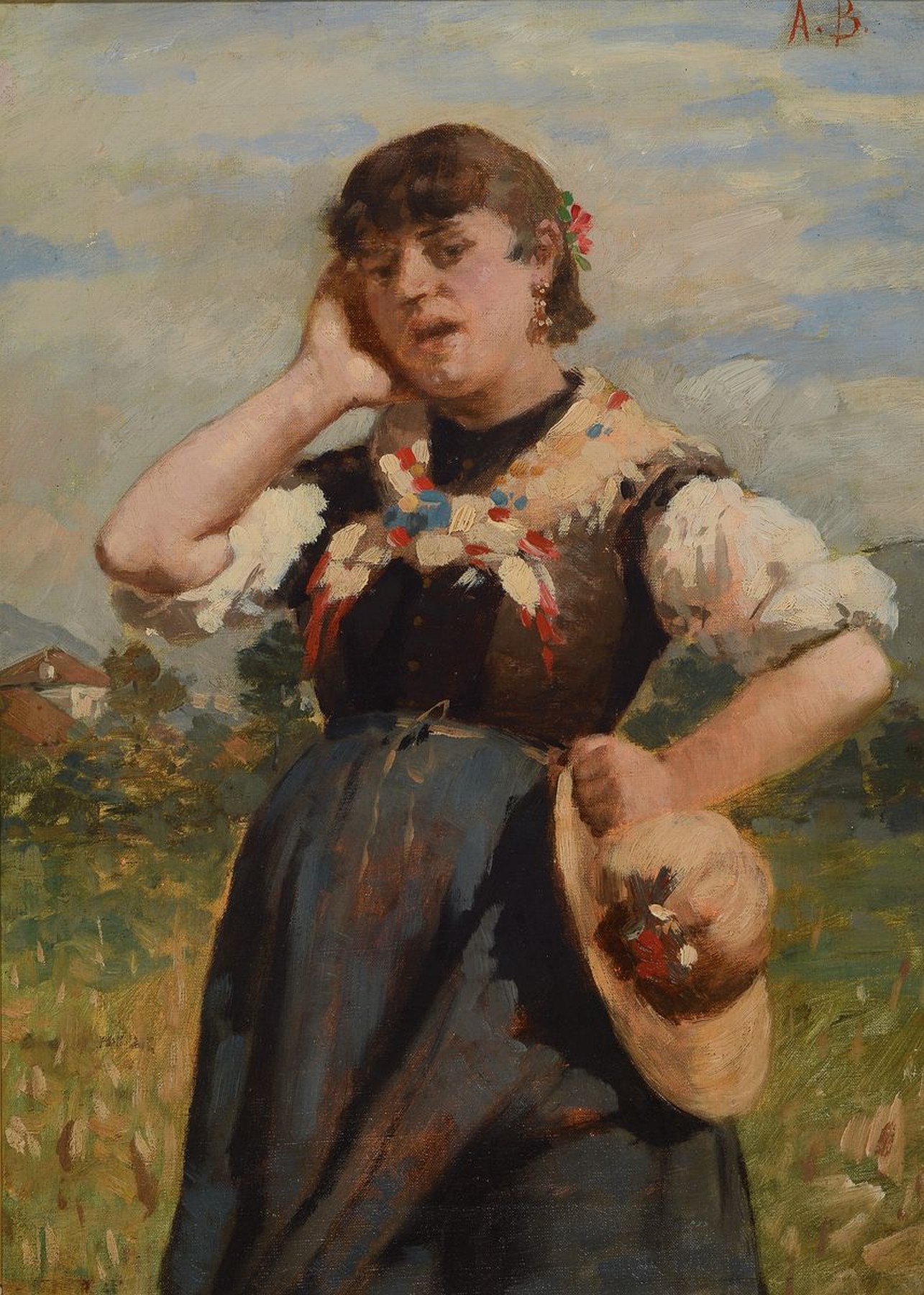 Monogrammist A.B., 2. Hälfte 19. Jh., Landschaft mit junger Frau in schweizer Tracht, Öl/Lwd, rechts oben monogr., ca. 39x28cm, R.ca. 46x35cm