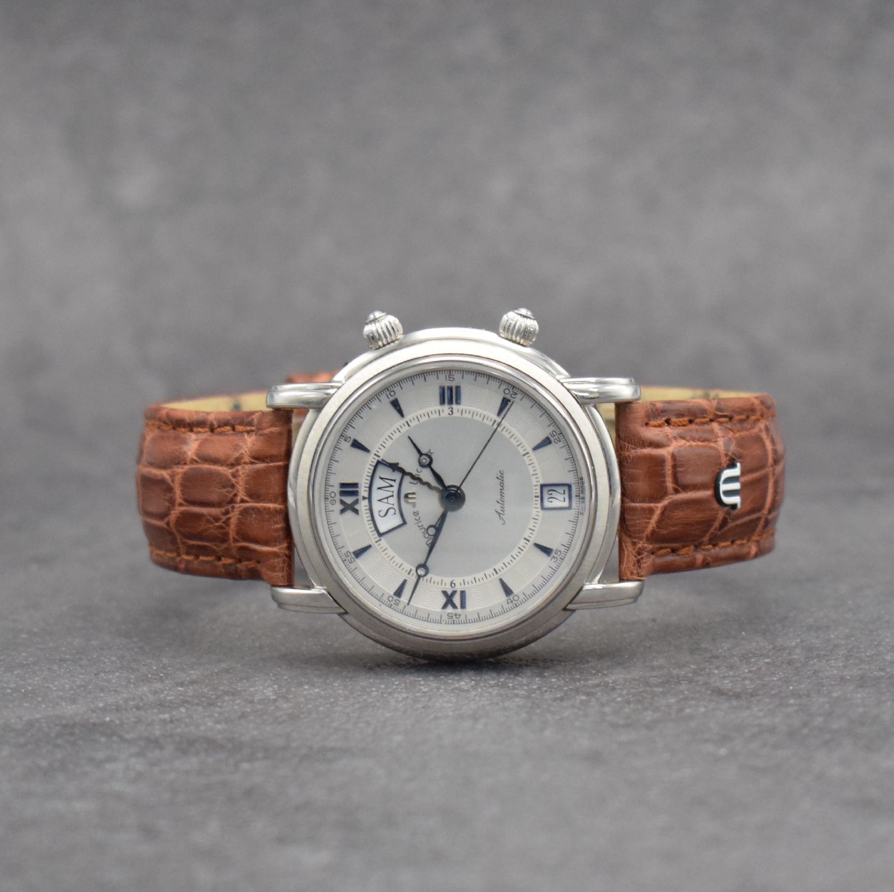 MAURICE LACROIX Herrenarmbanduhr Modell Reveil mit Wecker, Schweiz um 2005, Automatik, beids. vergl. Edelstahlgeh., Boden aufgedr., Maurice Lacroix ...