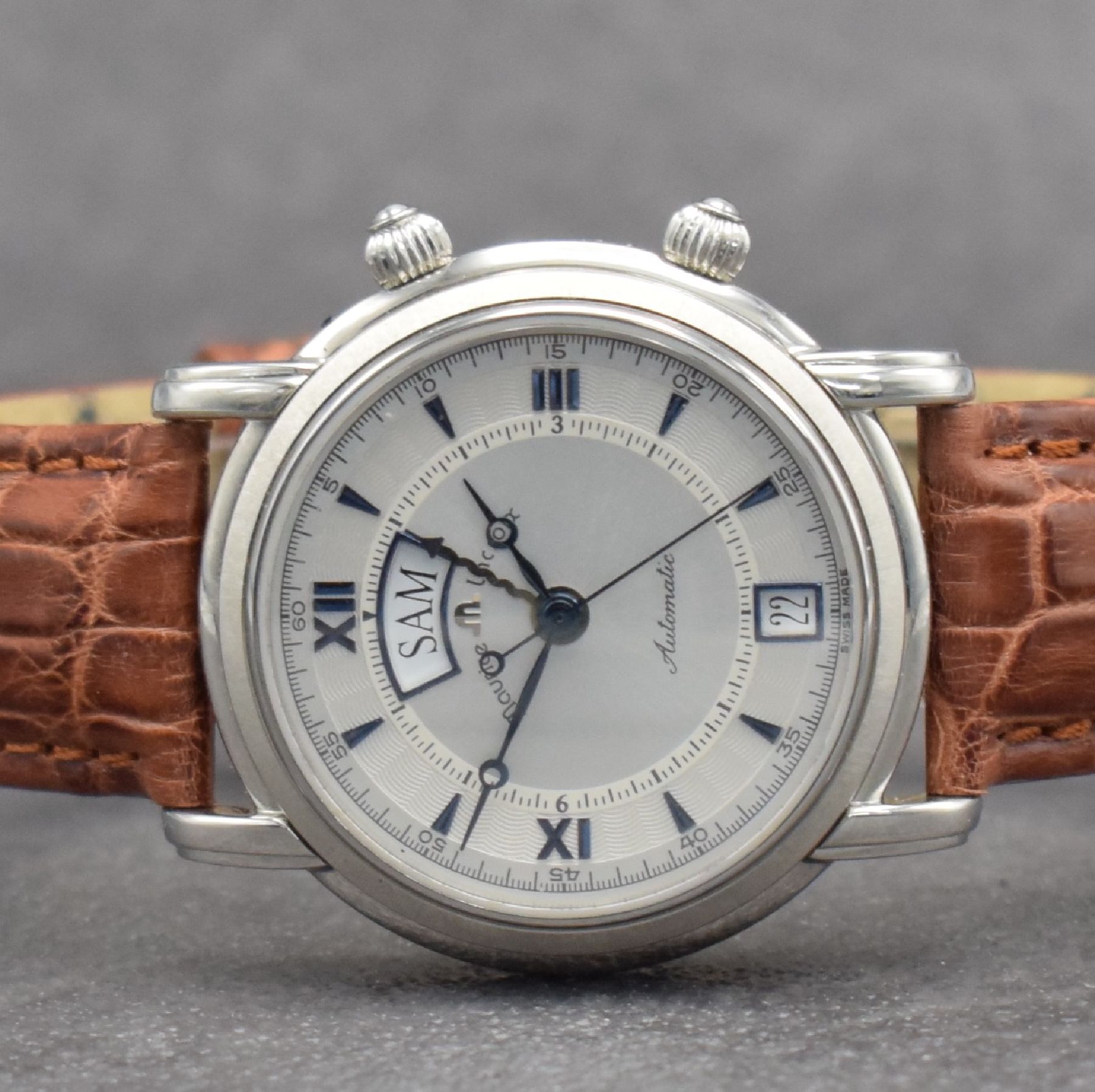 Detail a: MAURICE LACROIX Herrenarmbanduhr Modell Reveil mit Wecker, Schweiz um 2005, Automatik, beids. vergl. Edelstahlgeh., Boden aufgedr., Maurice Lacroix ...