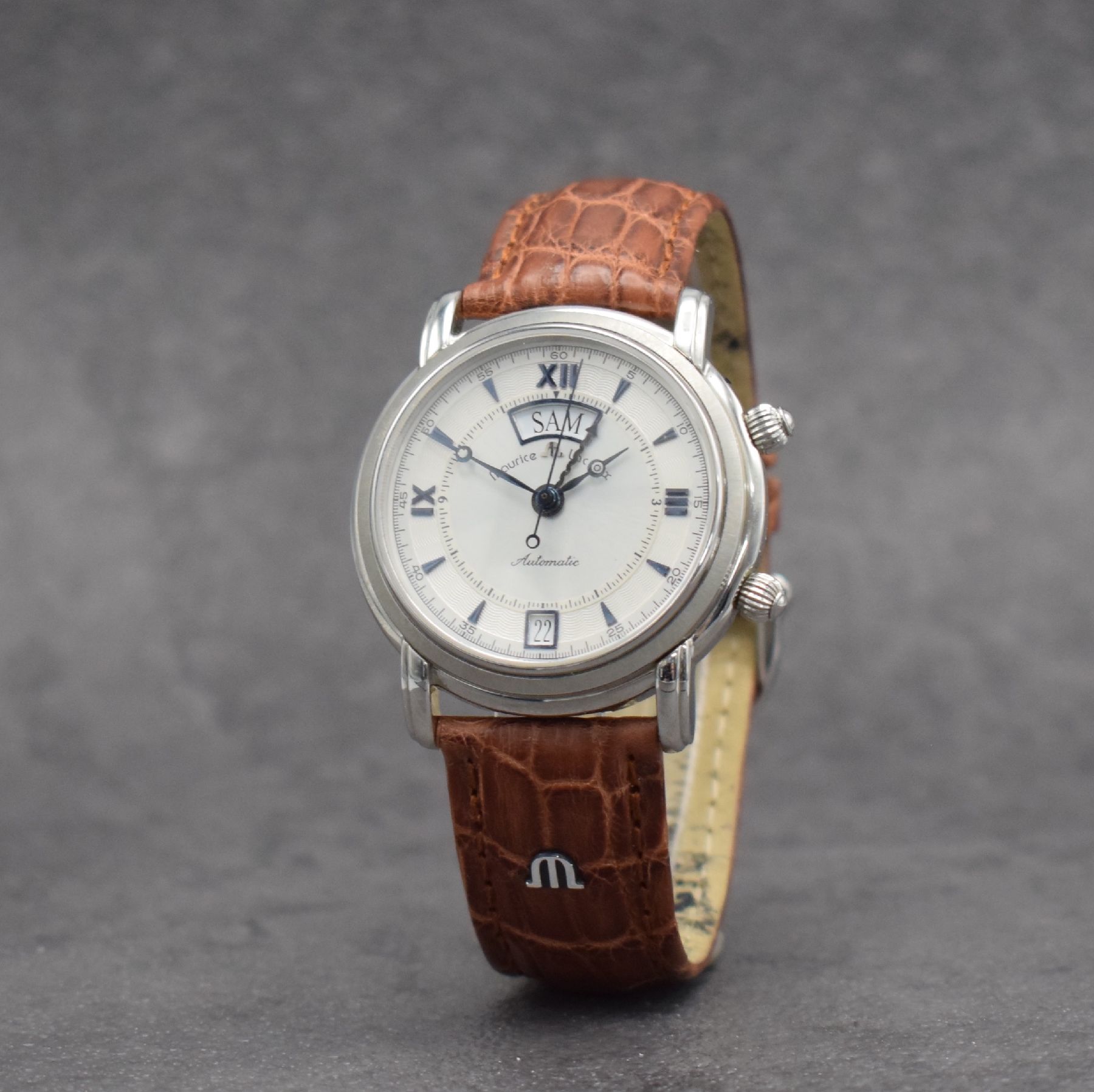 Detail b: MAURICE LACROIX Herrenarmbanduhr Modell Reveil mit Wecker, Schweiz um 2005, Automatik, beids. vergl. Edelstahlgeh., Boden aufgedr., Maurice Lacroix ...