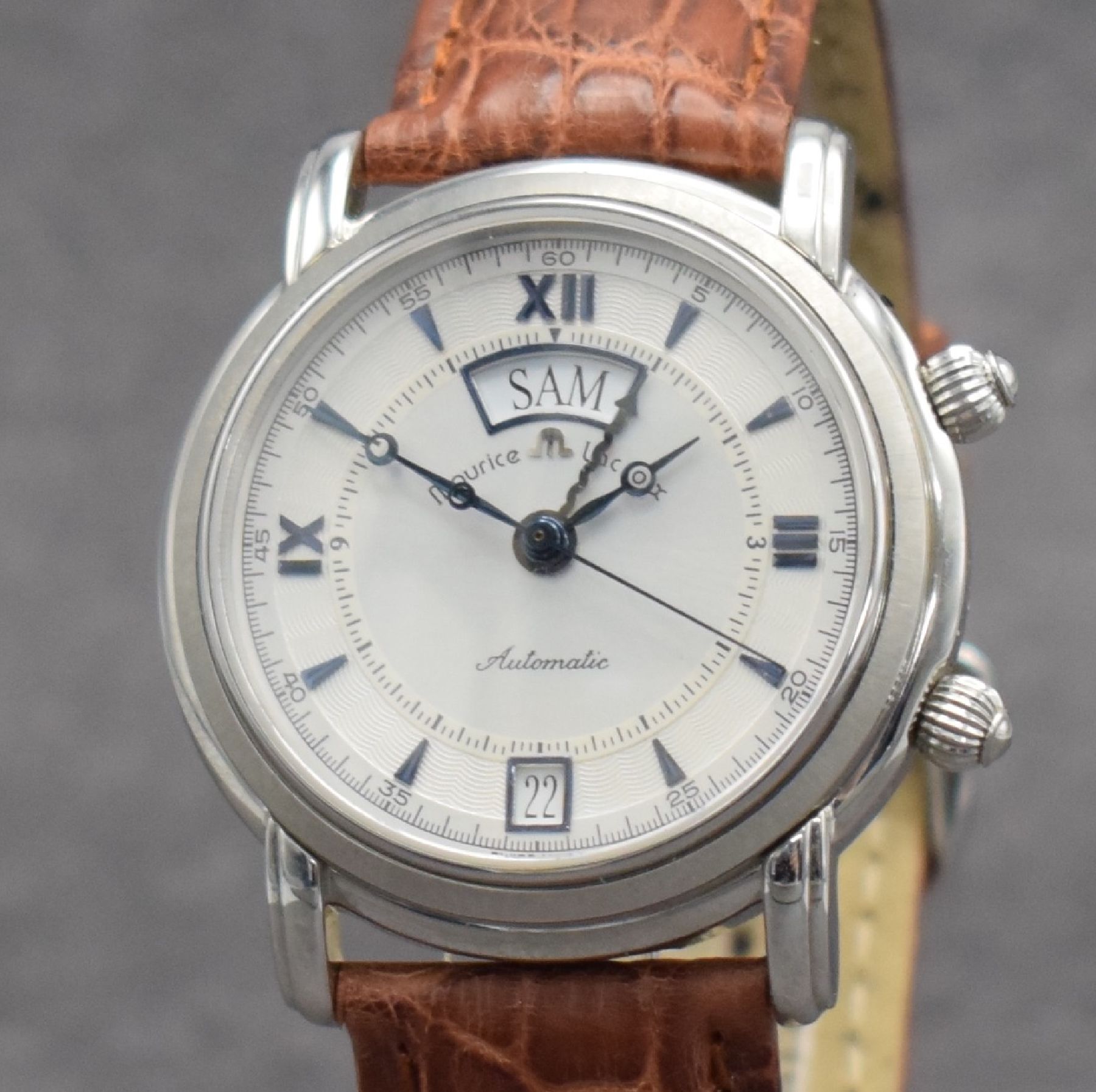 Detail c: MAURICE LACROIX Herrenarmbanduhr Modell Reveil mit Wecker, Schweiz um 2005, Automatik, beids. vergl. Edelstahlgeh., Boden aufgedr., Maurice Lacroix ...