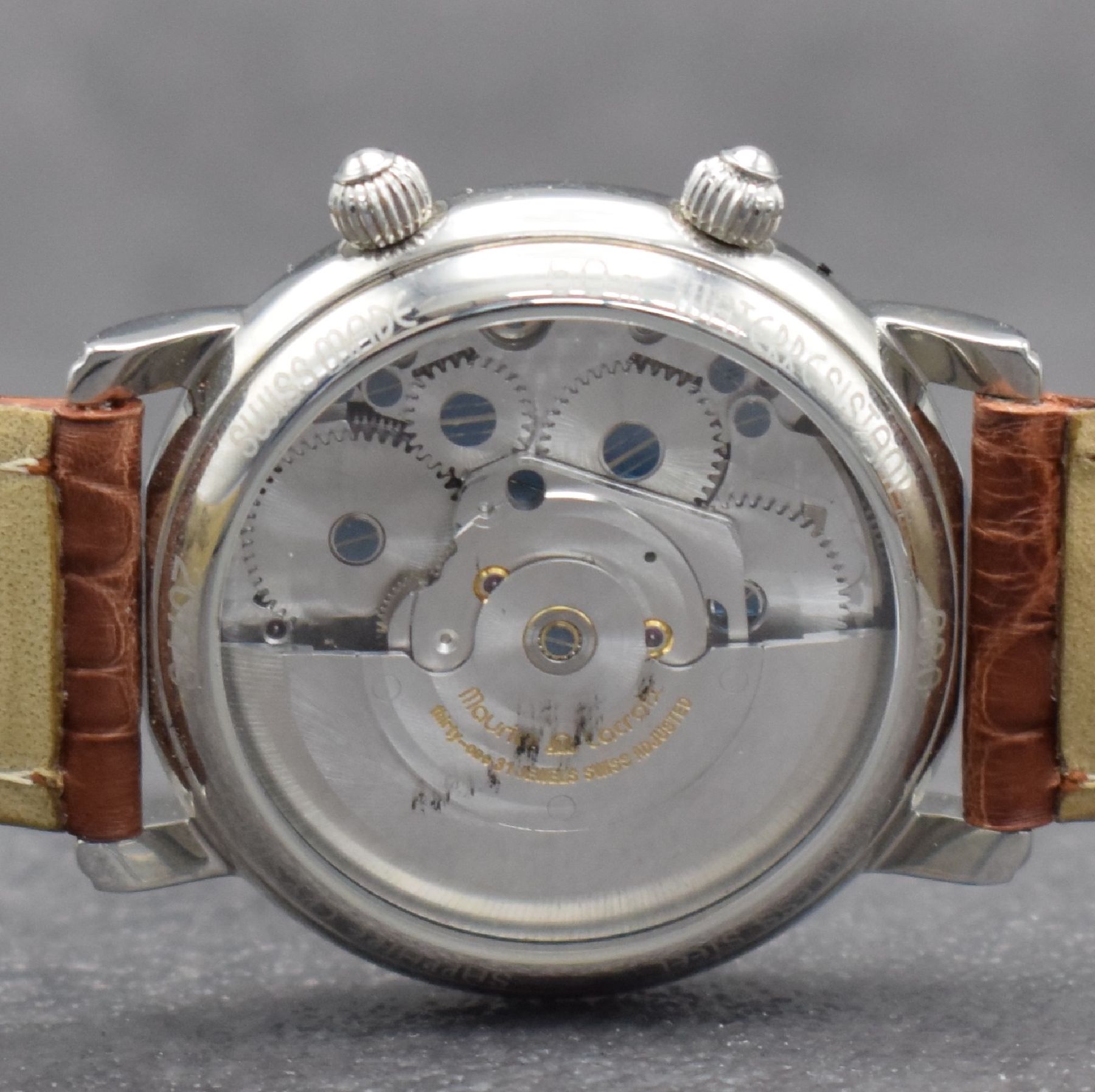 Detail d: MAURICE LACROIX Herrenarmbanduhr Modell Reveil mit Wecker, Schweiz um 2005, Automatik, beids. vergl. Edelstahlgeh., Boden aufgedr., Maurice Lacroix ...