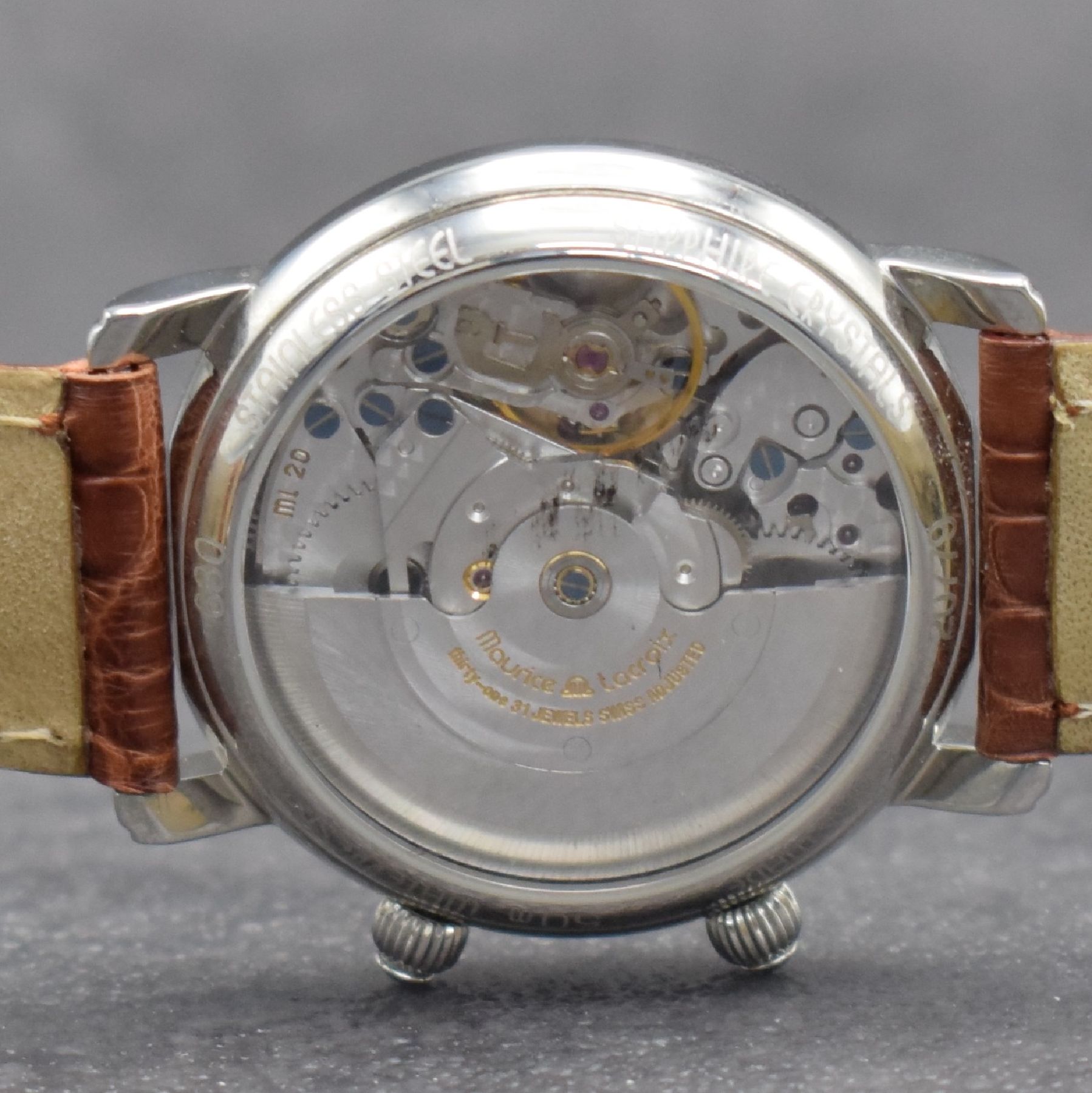 Detail e: MAURICE LACROIX Herrenarmbanduhr Modell Reveil mit Wecker, Schweiz um 2005, Automatik, beids. vergl. Edelstahlgeh., Boden aufgedr., Maurice Lacroix ...