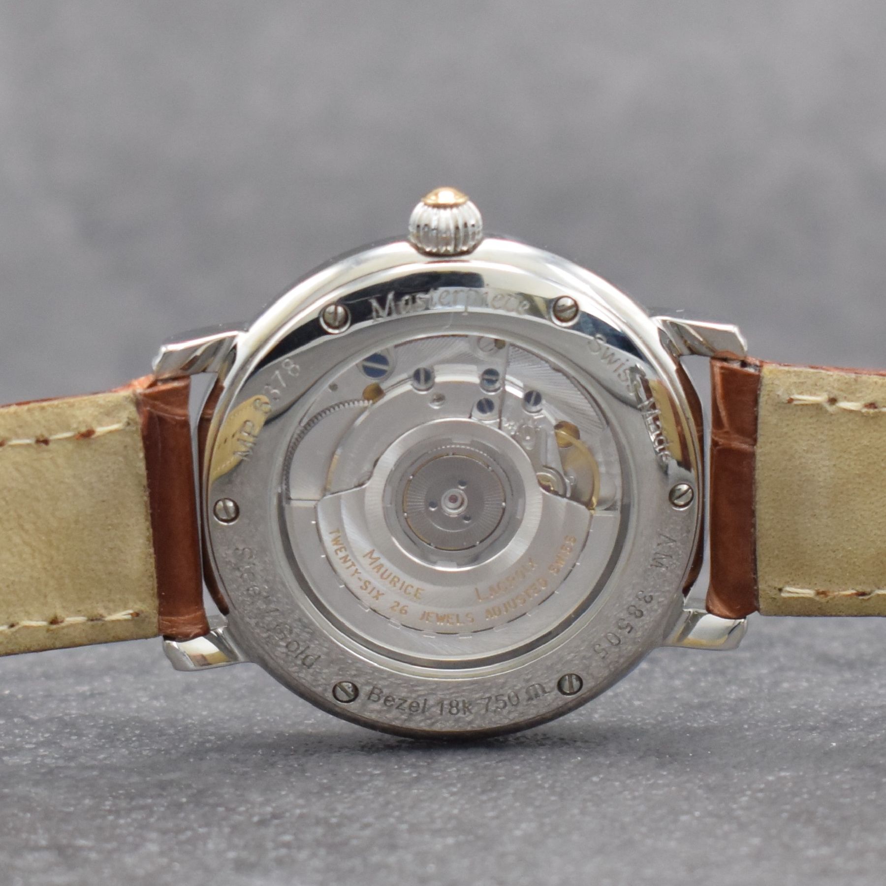 Detail d: MAURICE LACROIX Herrenarmbanduhr Masterpiece Grand Guichet, Schweiz um 2010, Automatik, Ref. MP 6378, beids. vergl. Edelstahlgeh., Boden 6-fach ...