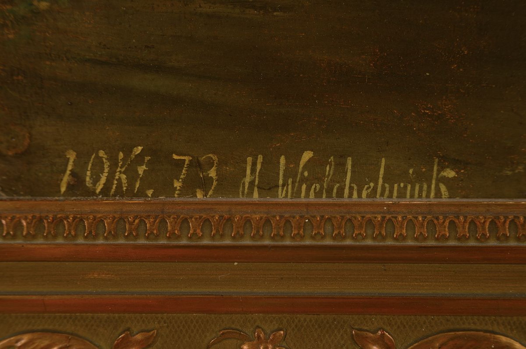 Detail a: Heinrich Wieschebrink, 1852 Düsseldorf-1885 Kassel, Holländisches Kücheninterieur mit Frau und Kind, Öl/Malkarton, links unten signiert: 1.Okt.73 ...
