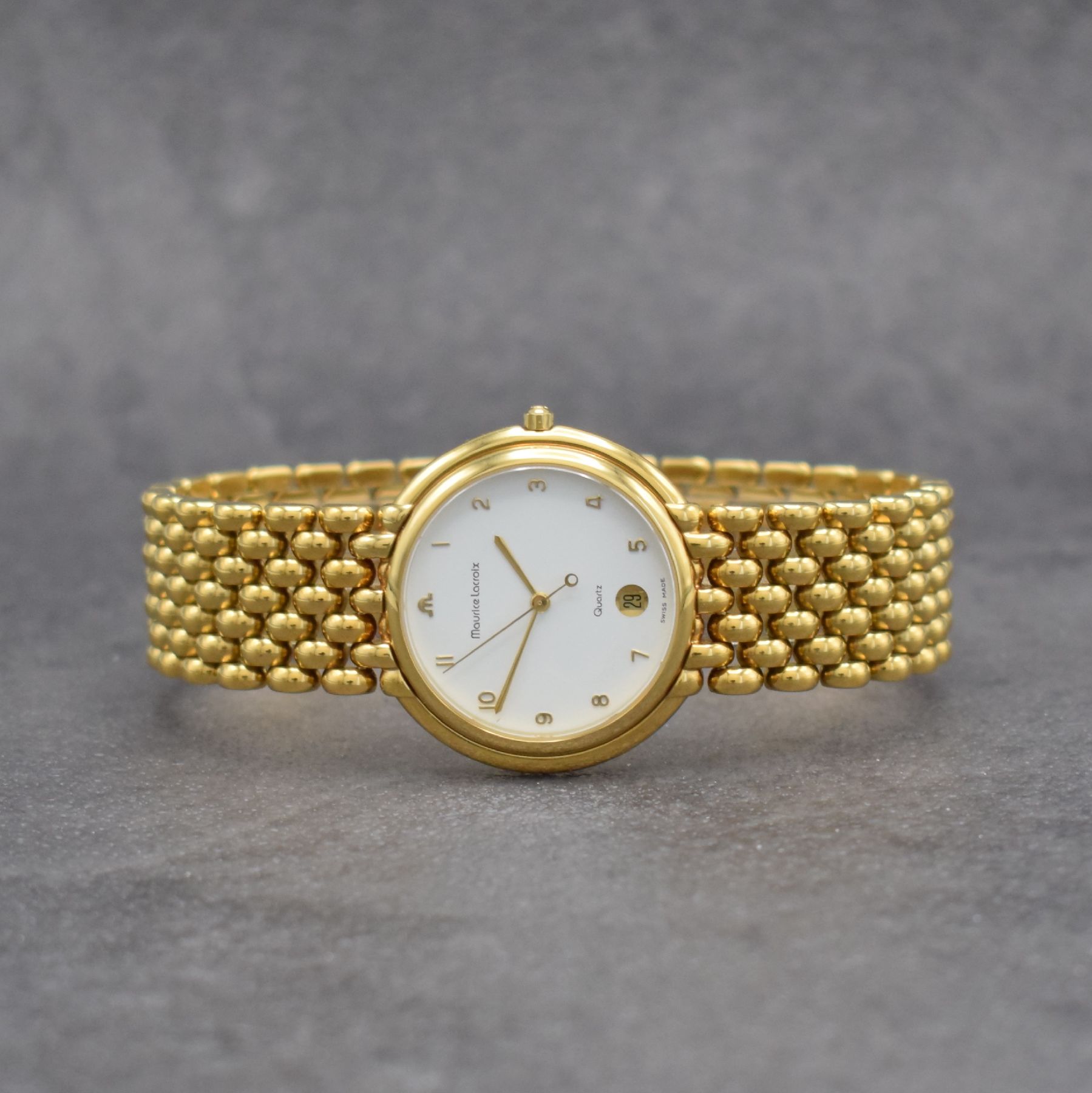 MAURICE LACROIX Herrenarmbanduhr, Schweiz um 2000, quarz, verg. Stahlgeh., Boden aufgedr., verg. Maurice Lacroix Gliederband, weißes Zifferbl. m. ...