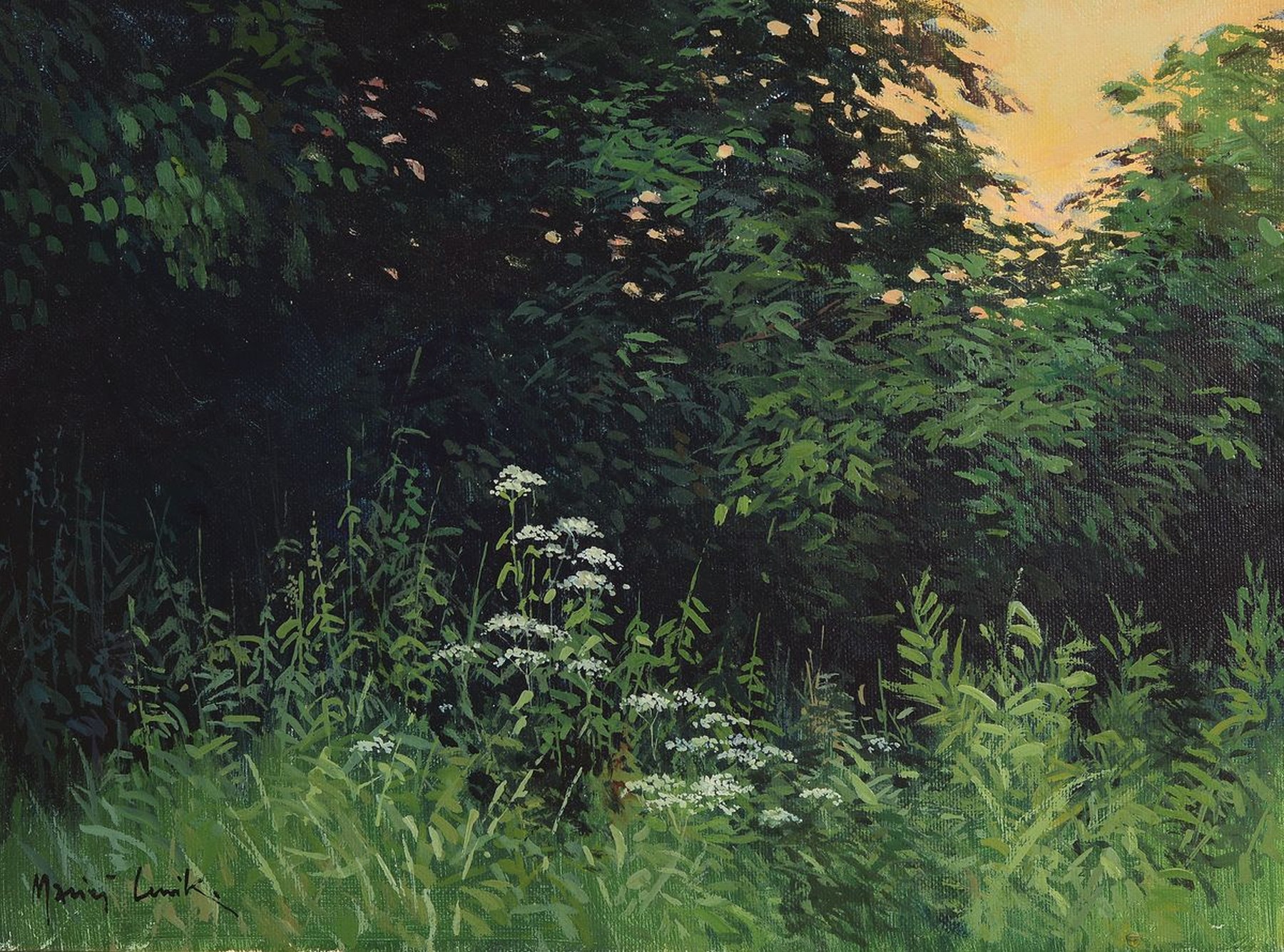 Zeitgenössischer russischer Künstler: Am Waldrand, Öl/Lwd, links unten unleserlich signiert, ca. 24x33cm, R. ca. 29x37cm