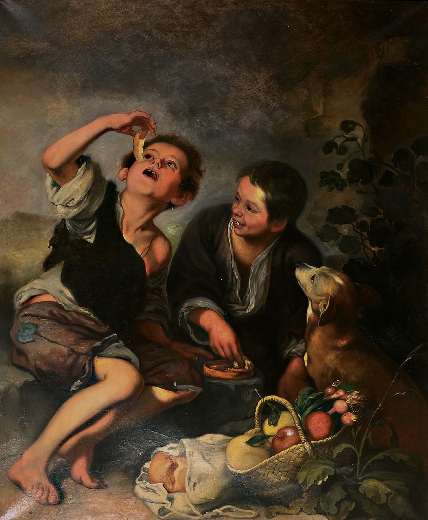 Unbekannter Künstler, um 1900, qualitätvolle Kopie des Gemäldes "Die Melonenesser" von Bartolome Murillo, Öl/Lwd, ca. 125x103cm, mit 11 ...