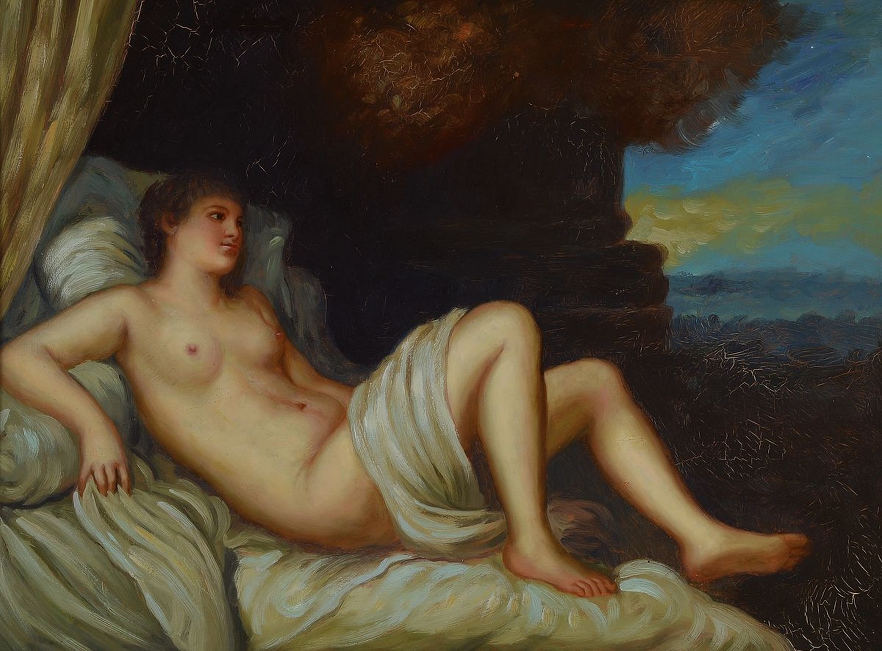 Zeitgenössischer Traditionalist, Odaliske, liegender weiblicher Akt, Öl/Holz, ca. 30x40cm, R. ca. 50x60cm