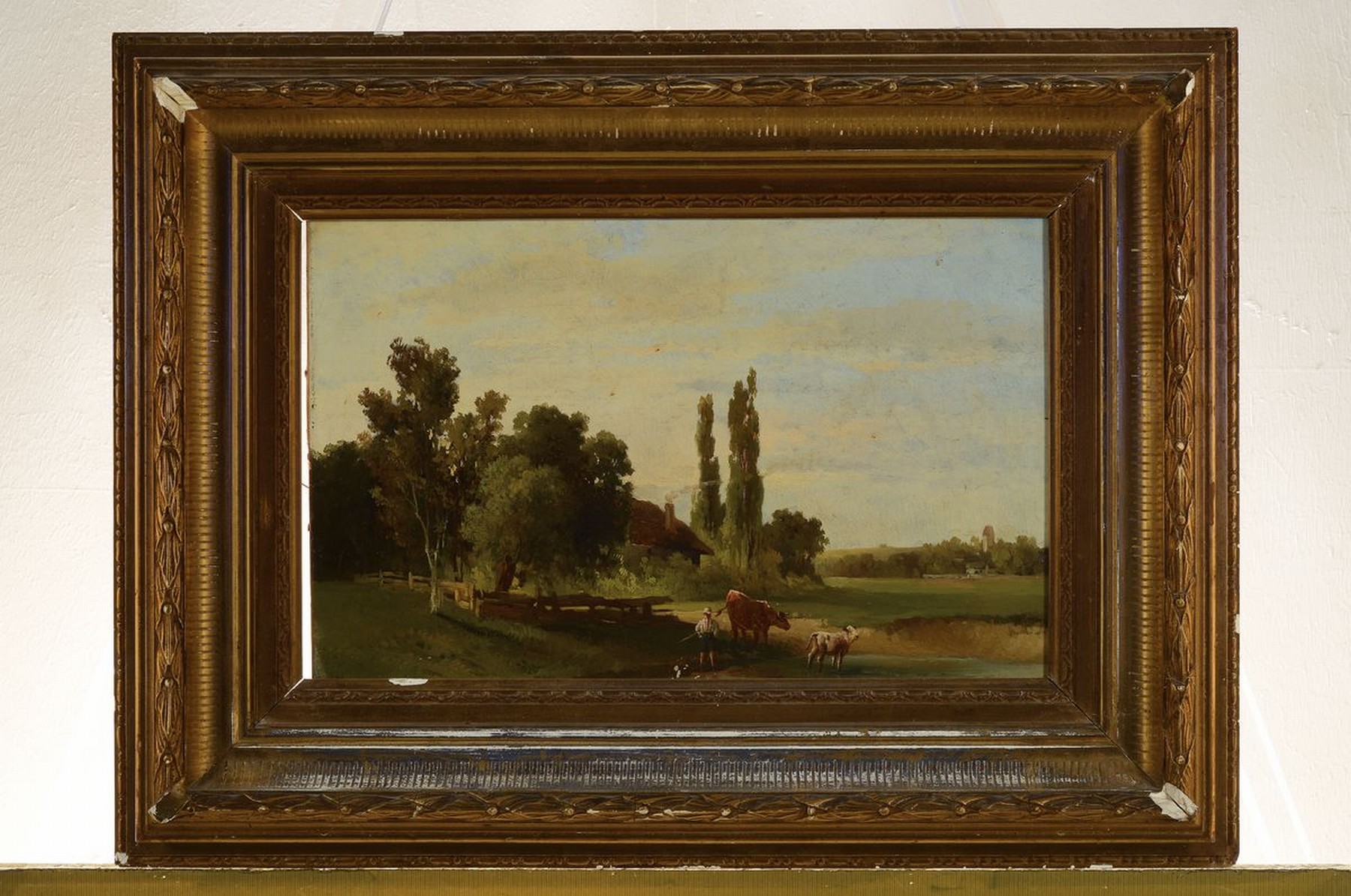 Detail k: Monogrammist CH, 2. Hälfte 19. Jh., Sommerliche Landschaft mit Gehöft, Kuh und Kalb und Hütejungen, Öl/Lwd, links unten monogr., ca. 27x42cm, ...