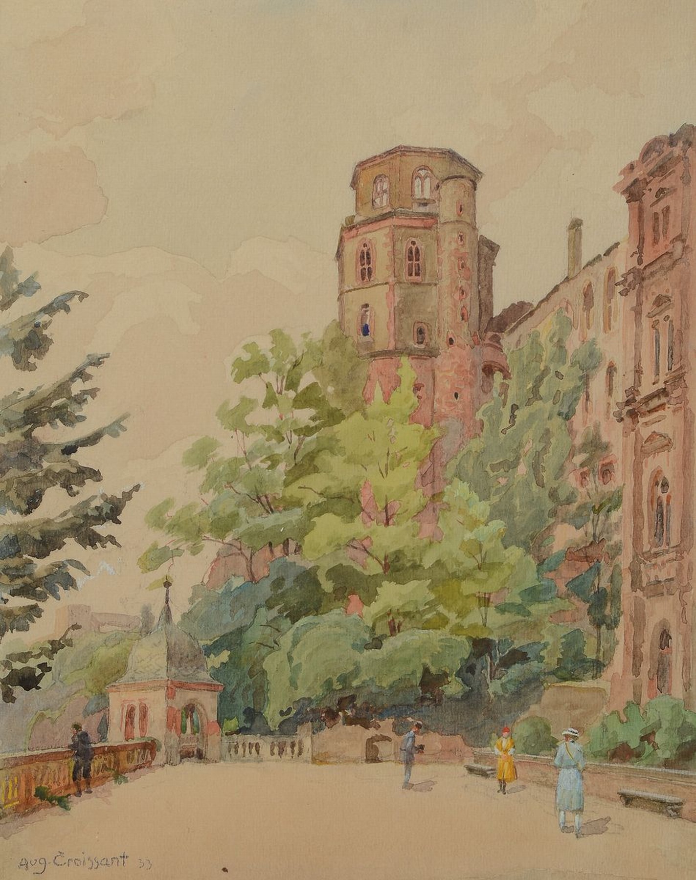 August Croissant, 1870 - 1941 Edenkoben, Aquarell, Ansicht vom Heidelberger Schlossterrasse mit Besuchern, auf Papier, li.unten signiert und dat. 33, ...