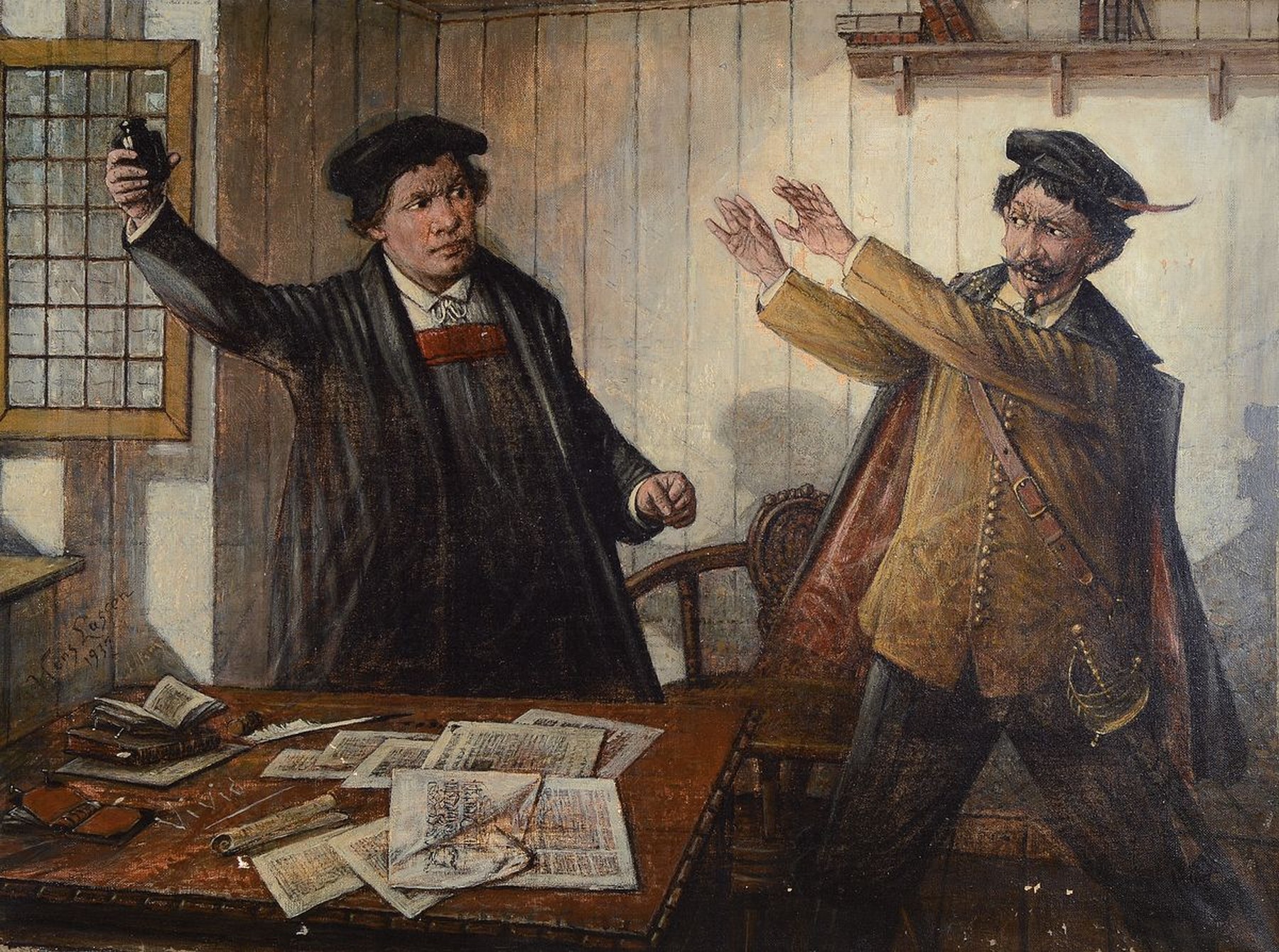Hans August Lassen, 1857 Hawersleben-1938 Ratingen, Zwei Männer im Streit um ein Tintenfass, Öl/Lwd, seitlich links signiert und dat. 1937, mit ...
