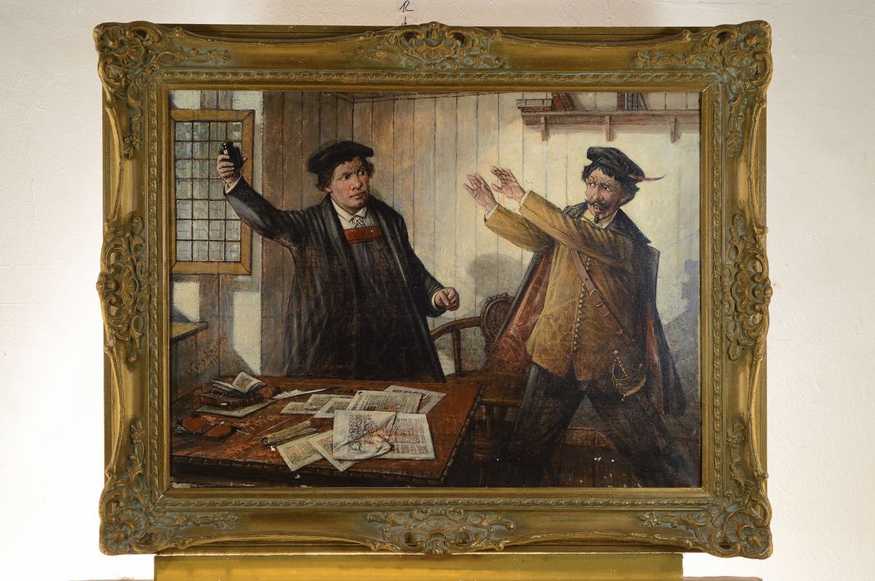 Detail k: Hans August Lassen, 1857 Hawersleben-1938 Ratingen, Zwei Männer im Streit um ein Tintenfass, Öl/Lwd, seitlich links signiert und dat. 1937, mit ...
