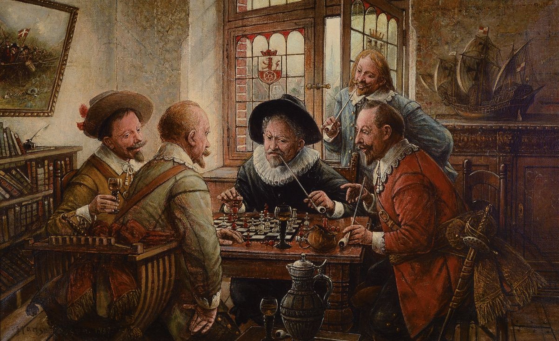 Hans August Lassen, 1857 Hawersleben-1938 Ratingen, Interieur mit Herren beim Schachspiel, Öl/Lwd, links unten signiert und dat. 1937, ca. 50x80cm, ...