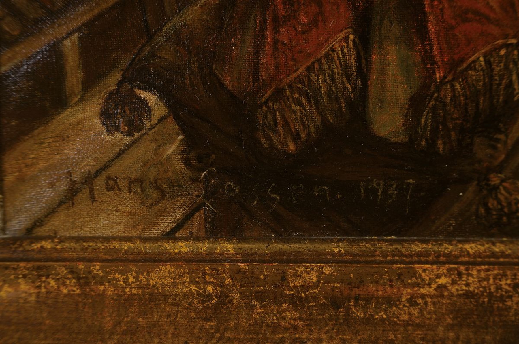 Detail a: Hans August Lassen, 1857 Hawersleben-1938 Ratingen, Interieur mit Herren beim Schachspiel, Öl/Lwd, links unten signiert und dat. 1937, ca. 50x80cm, ...