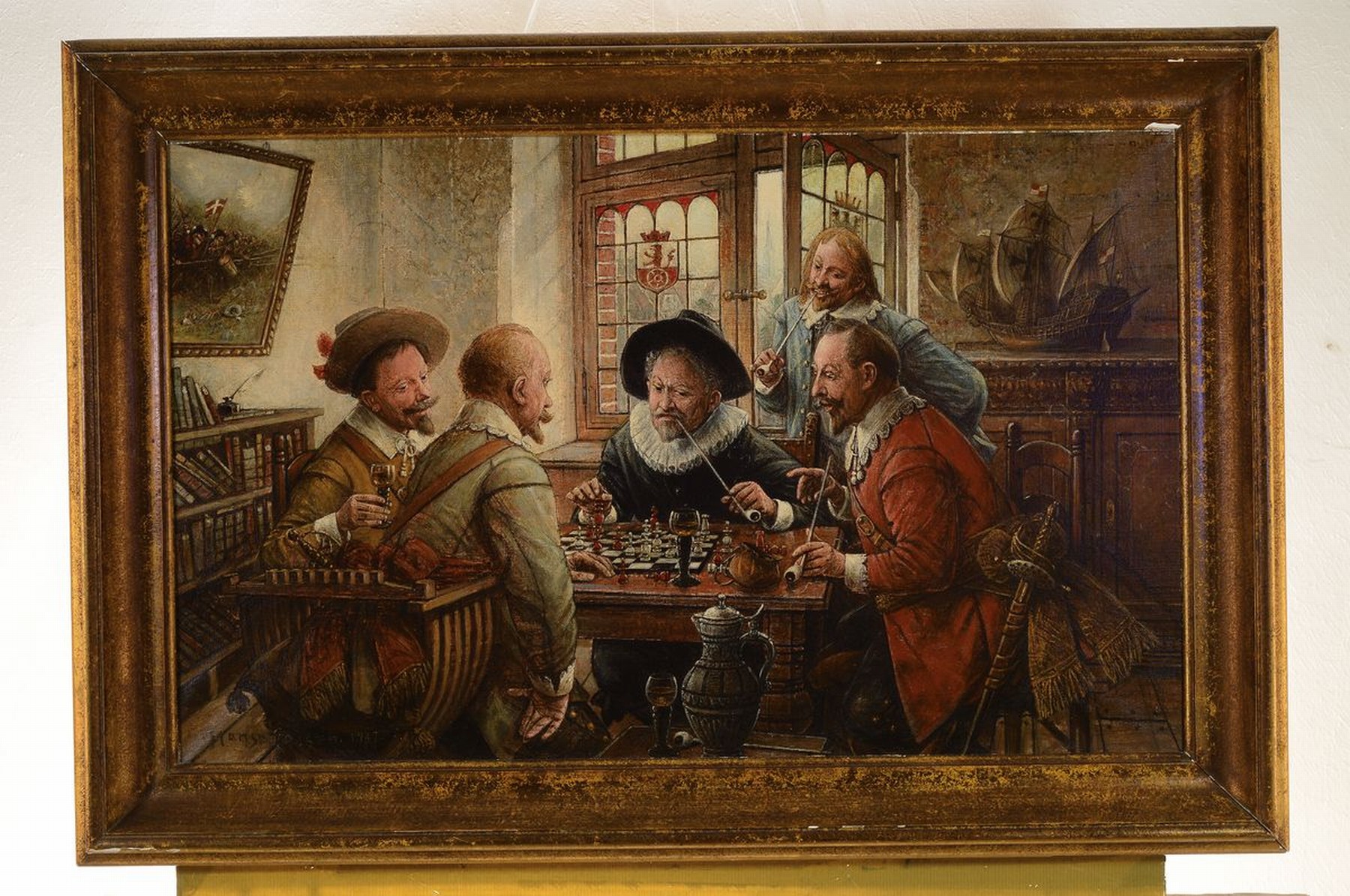 Detail k: Hans August Lassen, 1857 Hawersleben-1938 Ratingen, Interieur mit Herren beim Schachspiel, Öl/Lwd, links unten signiert und dat. 1937, ca. 50x80cm, ...