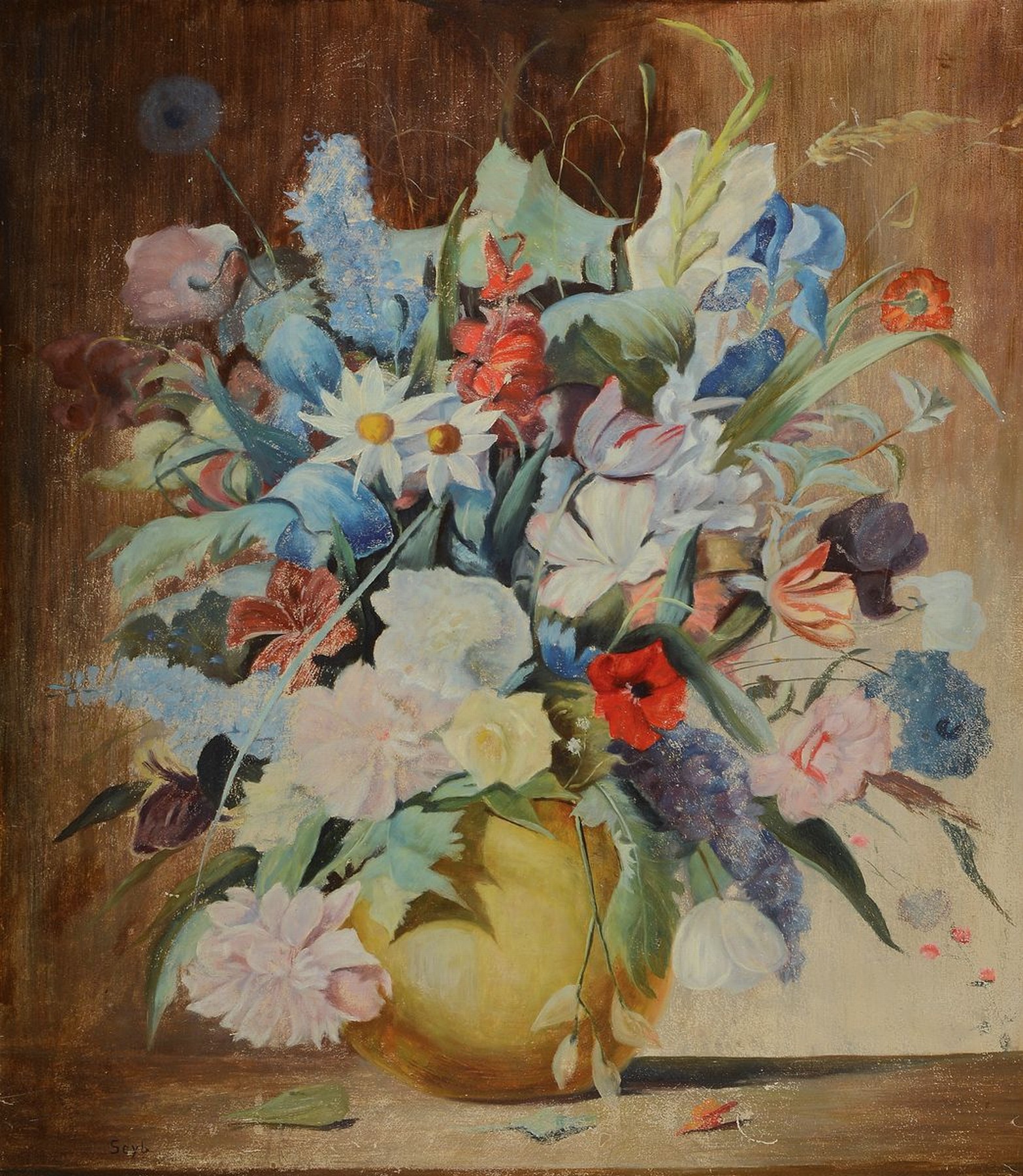 Seyb, Maler der 1. Hälfte des 20. Jh., üppiges Blumenstillleben, Öl/Malkarton, links unten signiert, mit leichteren Farbabreibungen, ca. 80x70cm, ...