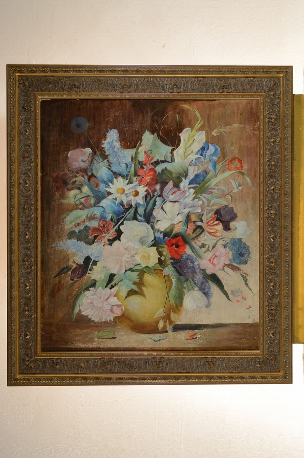 Detail k: Seyb, Maler der 1. Hälfte des 20. Jh., üppiges Blumenstillleben, Öl/Malkarton, links unten signiert, mit leichteren Farbabreibungen, ca. 80x70cm, ...