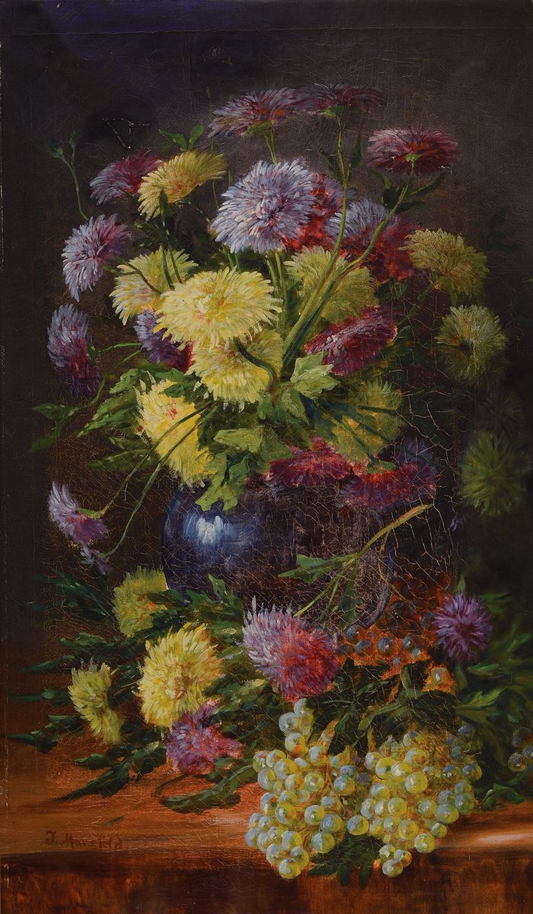 Juliana Marsfeld, erwähnt um 1900, Stillleben mit Blumen und Trauben, Öl/Lwd, rest., links unten signiert, ca. 96x56cm, R. ca. 118x78cm
