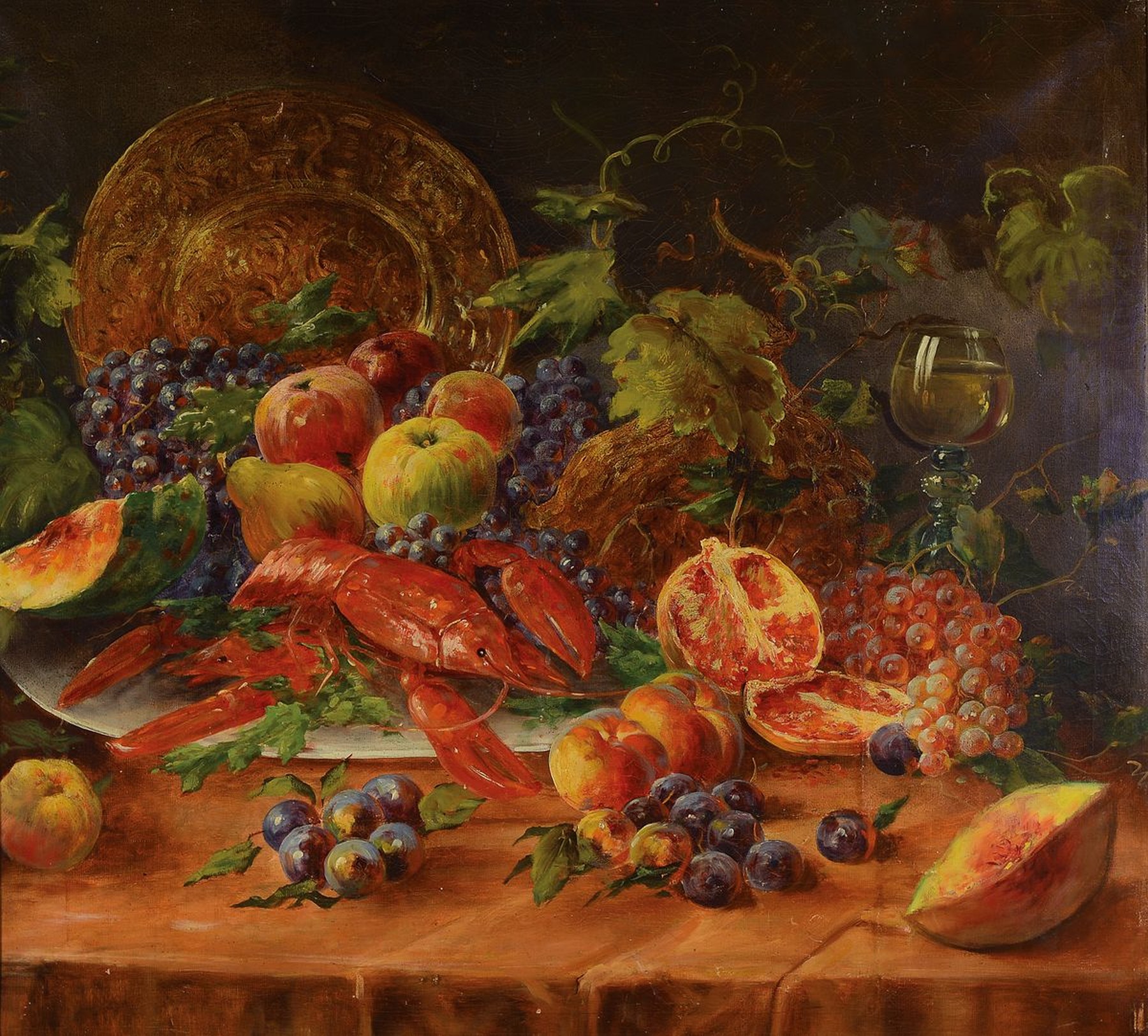 Unbekannter Künstler, um 1900-1920, Üppiges Stillleben mit Hummer, Wein, Bronzeteller und Früchten, Öl/Lwd, unsigniert, ca. 80x86cm, R. ca. ...
