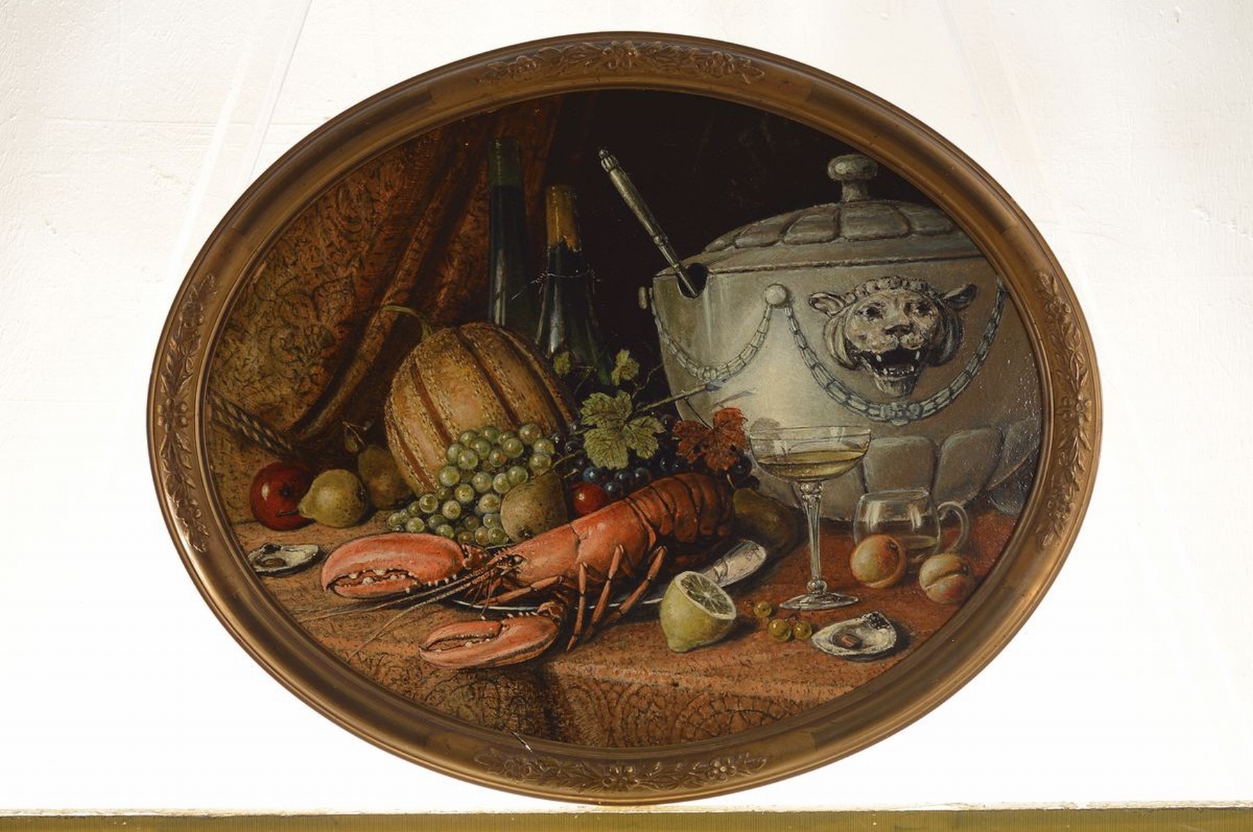 Detail k: Hans August Lassen, 1857 Hawersleben-1938 Ratingen, Stillleben mit Terrine, Hummer, Auster und Früchten, Öl/Malkarton, unsigniert, rückseitig ...