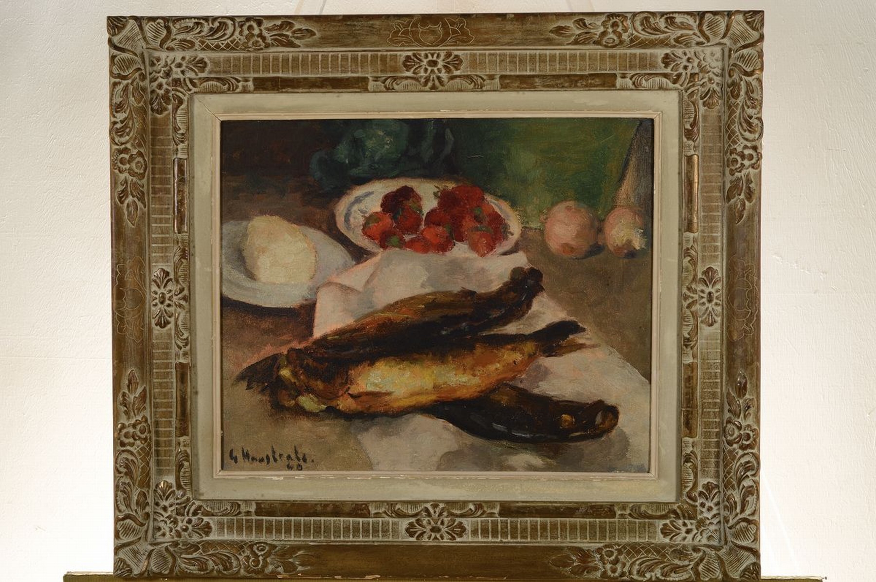 Detail k: Gaston Haustrate, 1878-1949, Stillleben mit Fischen, Pilzen, Käse und Erdbeeren, Öl/Lwd, links unten signiert, ca. 40x45cm, R. ca. 60x65cm