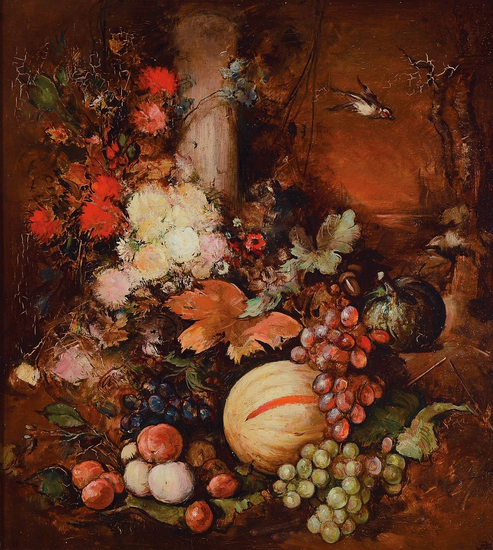 Antal Jancsek, 1907 Budapest-1985 Körül, üppiges Stillleben mit Blumen, Obst und Vogel, Öl/Hartfaser, rechts unten monogr., ca. 40x35cm, R. ca. ...