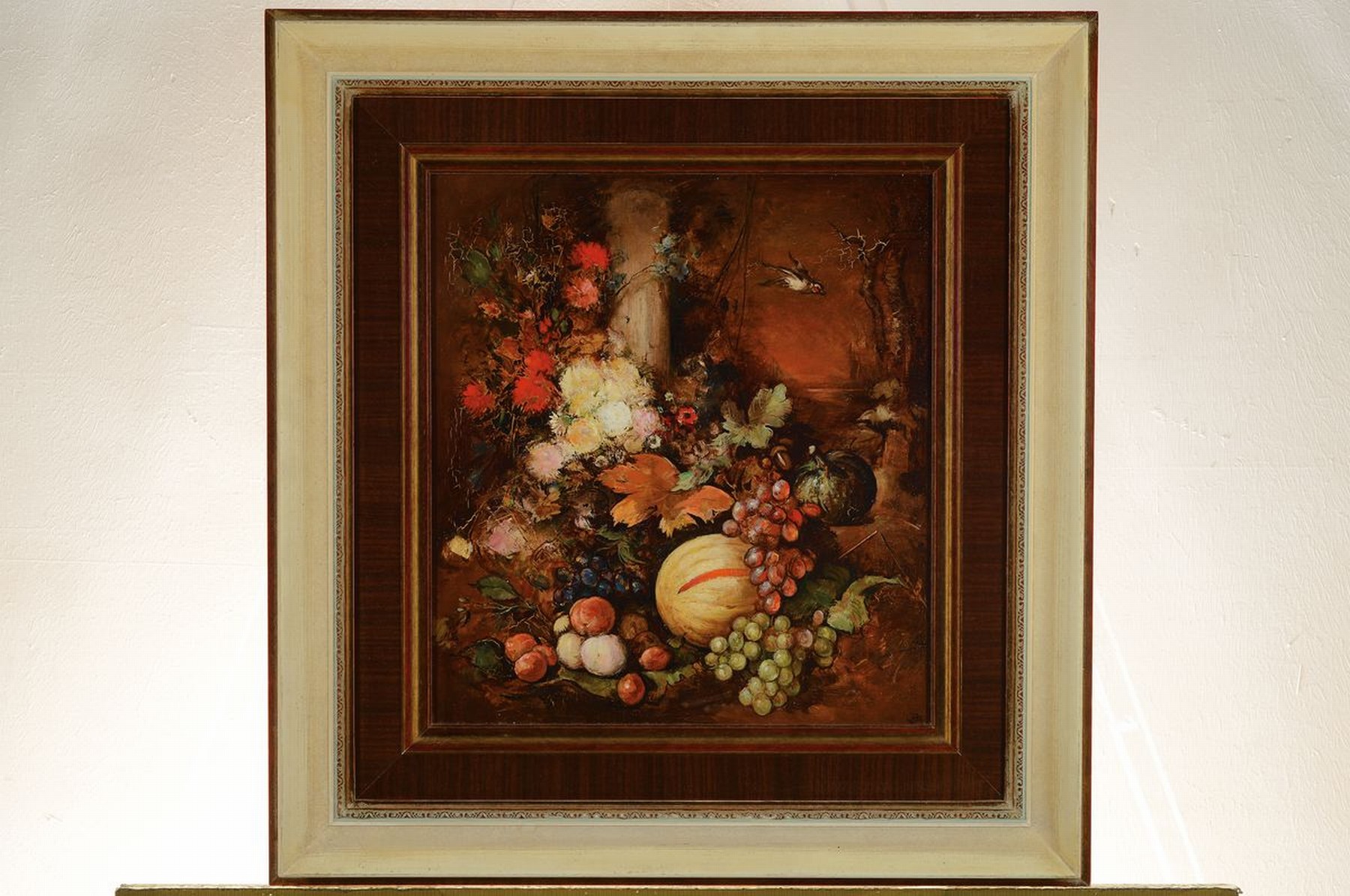 Detail k: Antal Jancsek, 1907 Budapest-1985 Körül, üppiges Stillleben mit Blumen, Obst und Vogel, Öl/Hartfaser, rechts unten monogr., ca. 40x35cm, R. ca. ...