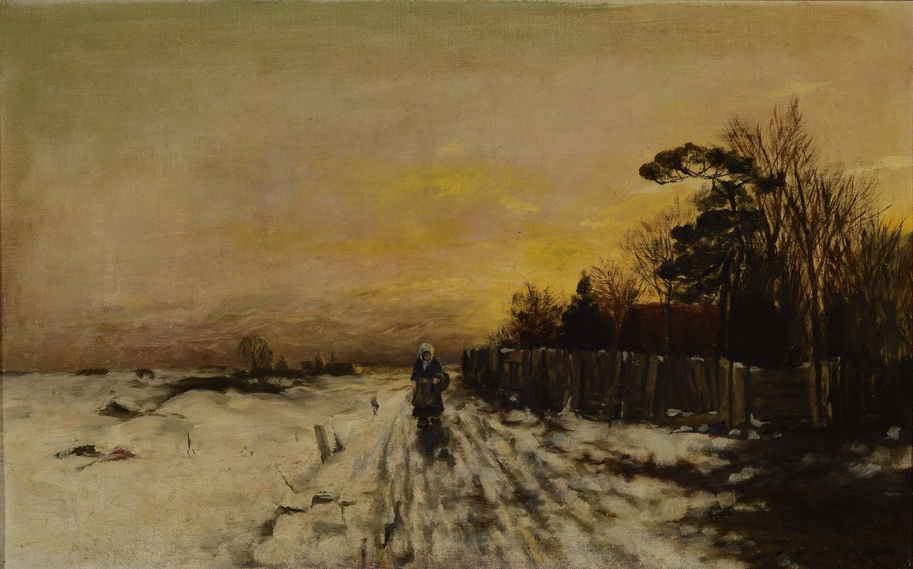 Unbekannter Künstler, Düsseldorfer Schule, um 1900, Winterlandschaft, Bäuerin auf dem Heimweg, Abendrot, Öl/Malkarton, unsigniert, ca. 40x60cm, ...