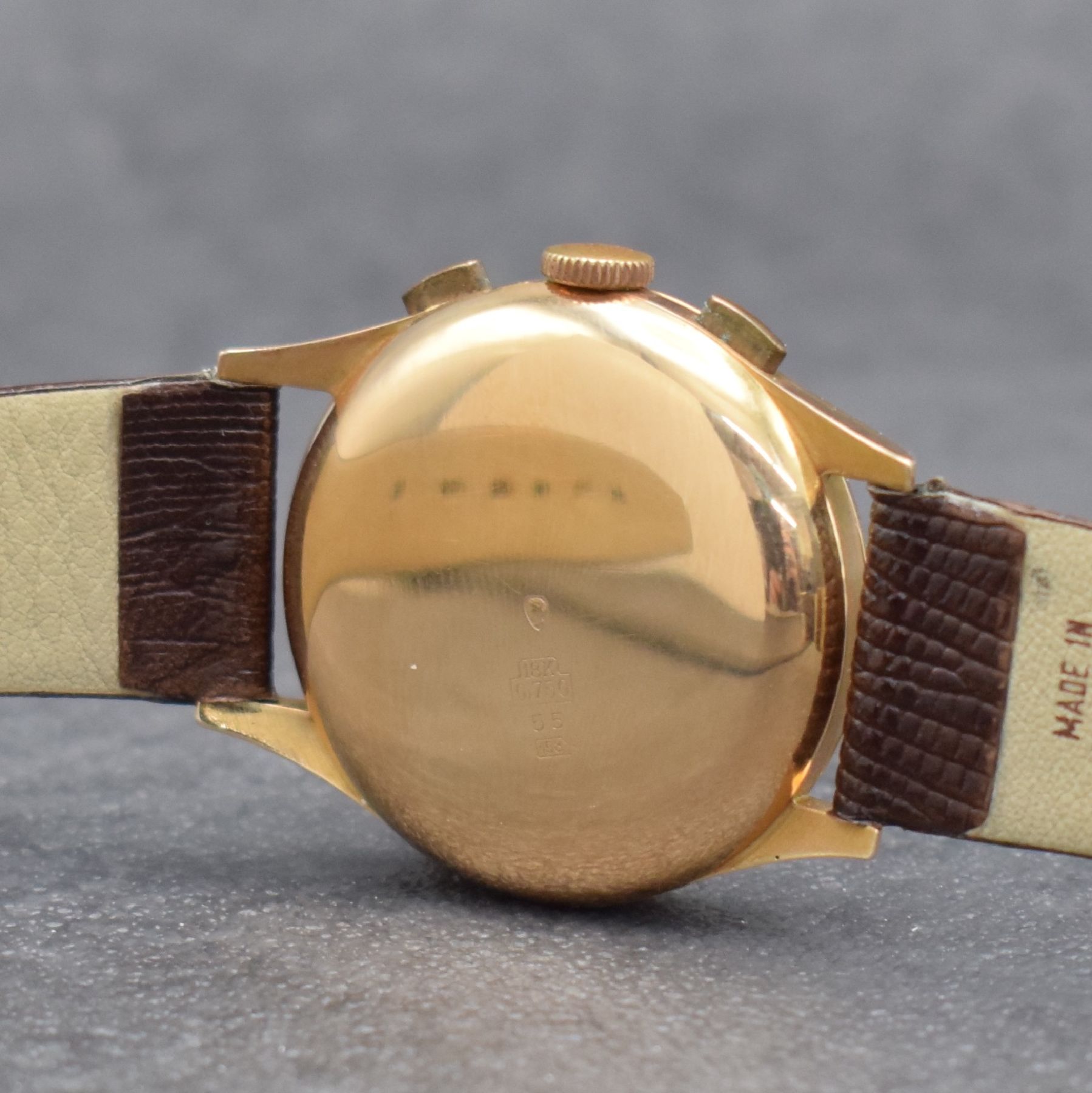 Detail d: VENUS / CHRONOGRAPHE SUISSE Schaltradchronograph in RoseG 750/000, Schweiz um 1948, Handaufzug, Boden & Glasrand aufgedr., Metallcuv. zur Armierung, ...