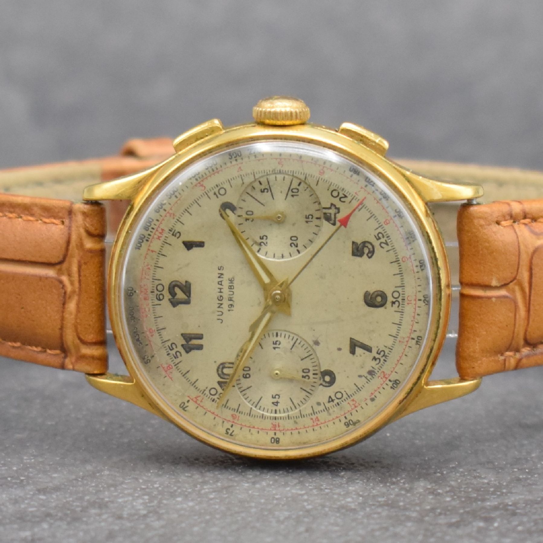 Detail a: JUNGHANS Schaltradchronograph Kaliber 88, Deutschland um 1954, Handaufzug, verg. Geh. dell., Edelstahlboden & Glasrand aufgedr., silb. Zifferbl. ...