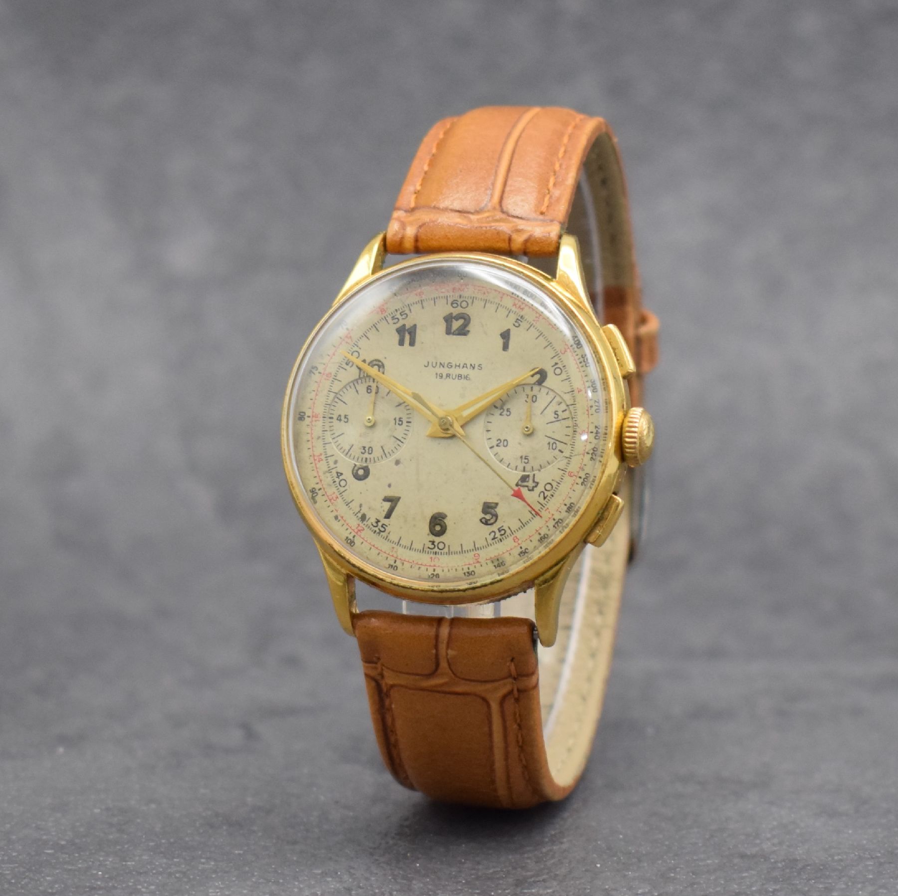 Detail b: JUNGHANS Schaltradchronograph Kaliber 88, Deutschland um 1954, Handaufzug, verg. Geh. dell., Edelstahlboden & Glasrand aufgedr., silb. Zifferbl. ...