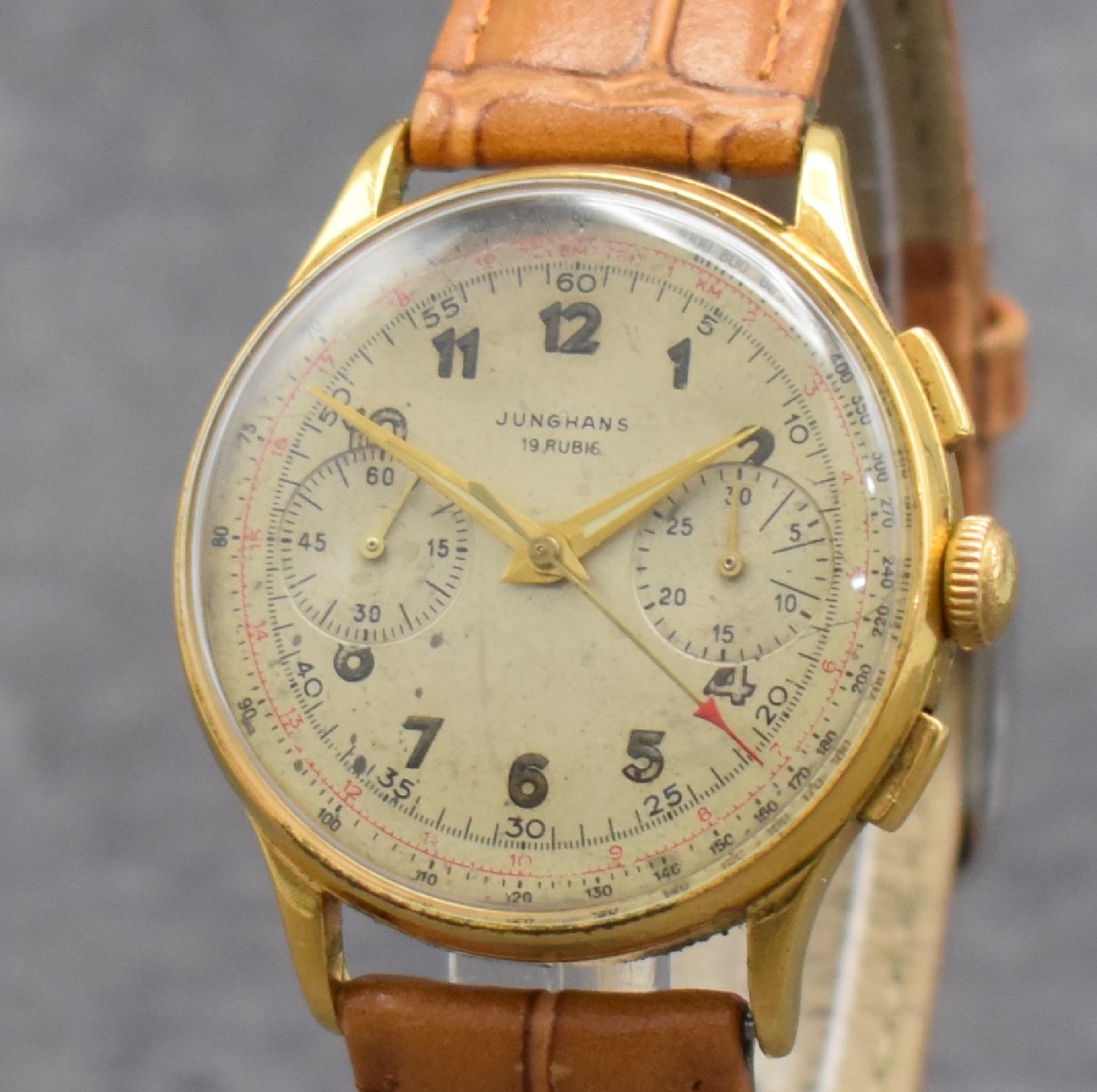 Detail c: JUNGHANS Schaltradchronograph Kaliber 88, Deutschland um 1954, Handaufzug, verg. Geh. dell., Edelstahlboden & Glasrand aufgedr., silb. Zifferbl. ...