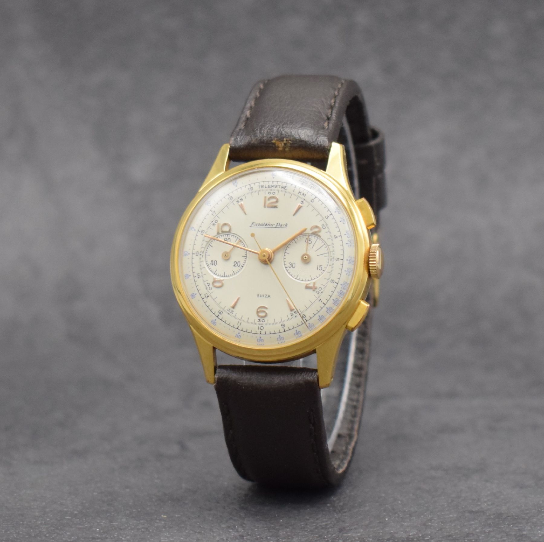 Detail b: EXCELSIOR PARK Schaltradchronograph, Handaufzug, Schweiz um 1954, verg. Metallgeh., Edelstahlboden & Glasrand aufgedr., silb. Zifferbl. rest., 45 ...