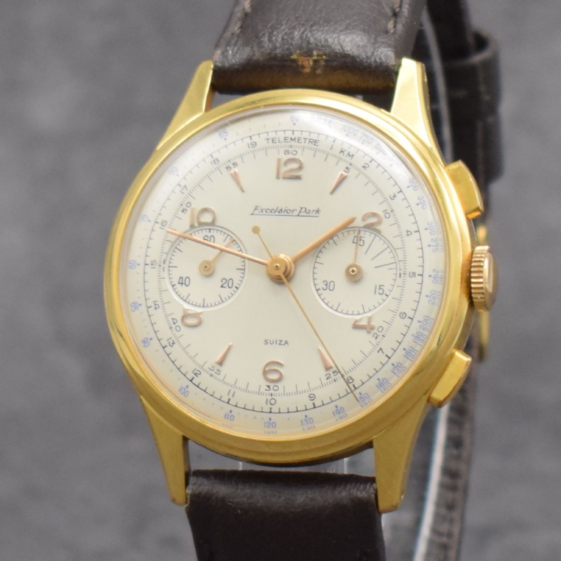 Detail c: EXCELSIOR PARK Schaltradchronograph, Handaufzug, Schweiz um 1954, verg. Metallgeh., Edelstahlboden & Glasrand aufgedr., silb. Zifferbl. rest., 45 ...