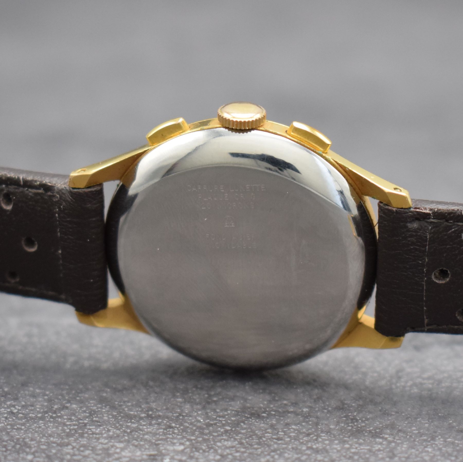 Detail d: EXCELSIOR PARK Schaltradchronograph, Handaufzug, Schweiz um 1954, verg. Metallgeh., Edelstahlboden & Glasrand aufgedr., silb. Zifferbl. rest., 45 ...