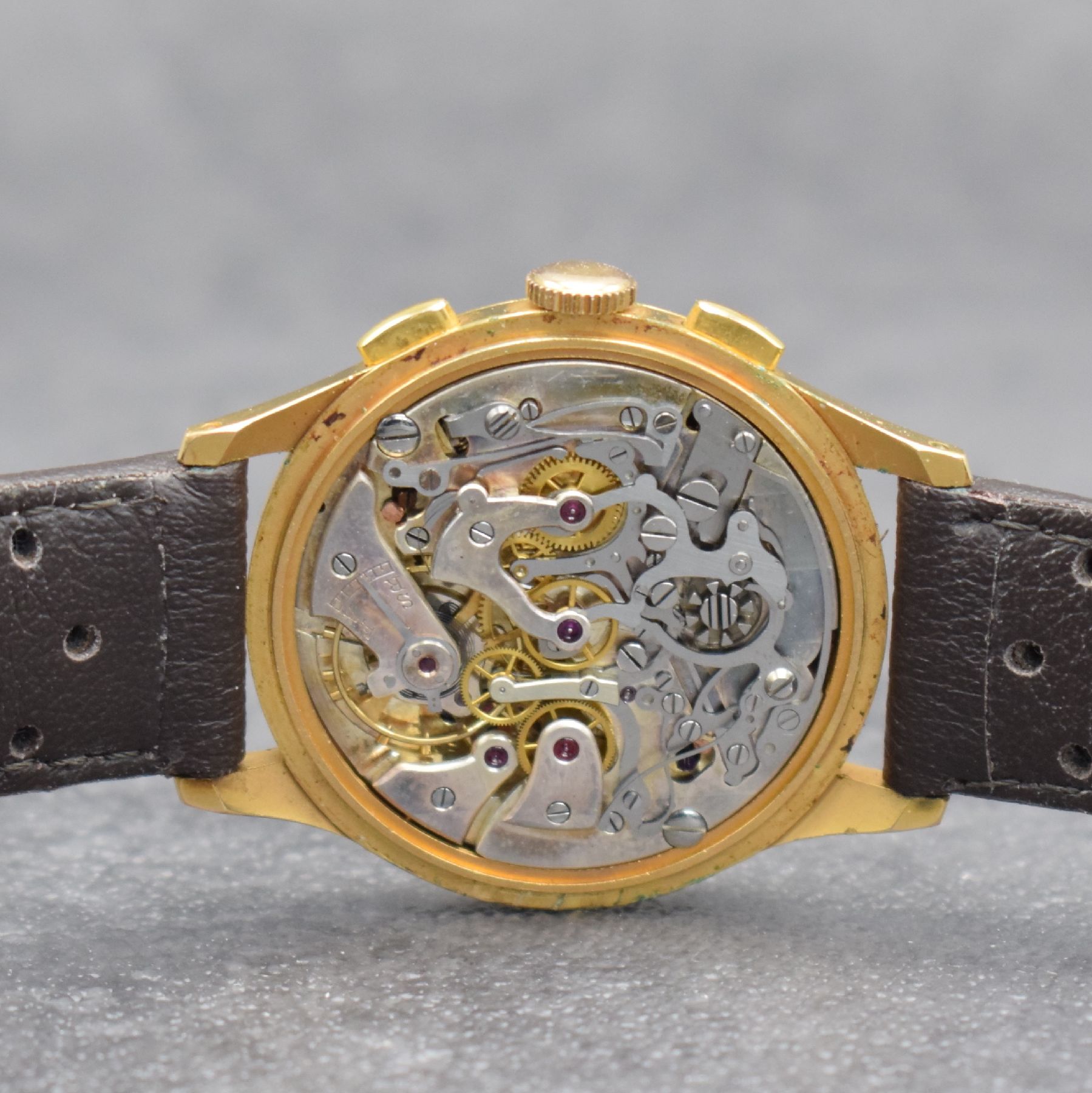 Detail e: EXCELSIOR PARK Schaltradchronograph, Handaufzug, Schweiz um 1954, verg. Metallgeh., Edelstahlboden & Glasrand aufgedr., silb. Zifferbl. rest., 45 ...