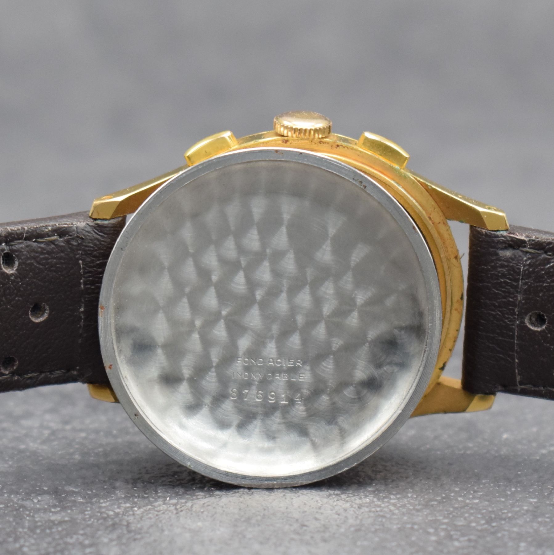 Detail f: EXCELSIOR PARK Schaltradchronograph, Handaufzug, Schweiz um 1954, verg. Metallgeh., Edelstahlboden & Glasrand aufgedr., silb. Zifferbl. rest., 45 ...