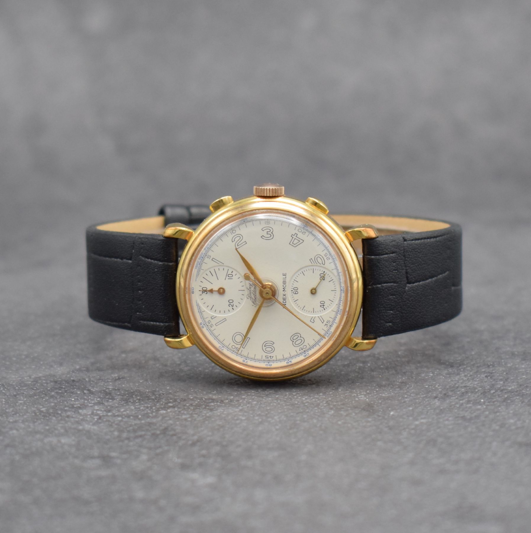 DUBEY & SCHALDENBRAND Schaltradchronograph Index-Mobile mit Semi-Rattrapante, Schweiz um 1990, Handaufzug, verg. Gehäuse, vers. Zifferbl. m. arab. ...