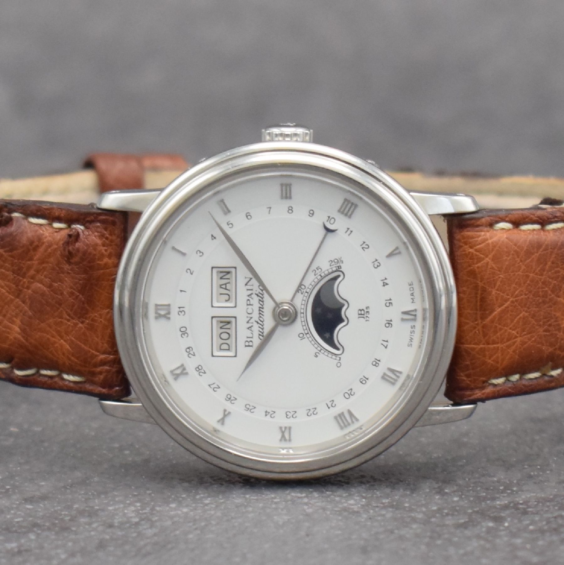 Detail a: BLANCPAIN feine Herrenarmbanduhr mit Vollkalender Serie Villeret, Automatik, Ref. 6553-1127-58, Edelstahlgeh. inkl. Lederband m. orig. Dornschl., ...