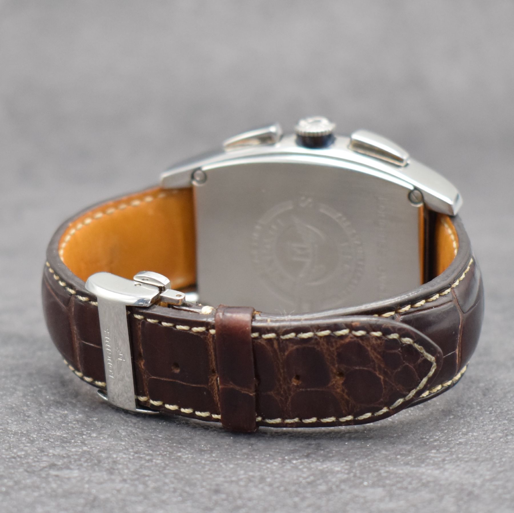 Detail d: LONGINES Evidenza Moonphase Armbandchronograph XL, Automatik, Schweiz um 2011, Ref. L2.688.4, tonneau-förm. Edelstahlgeh. inkl. orig. Lederband m. ...