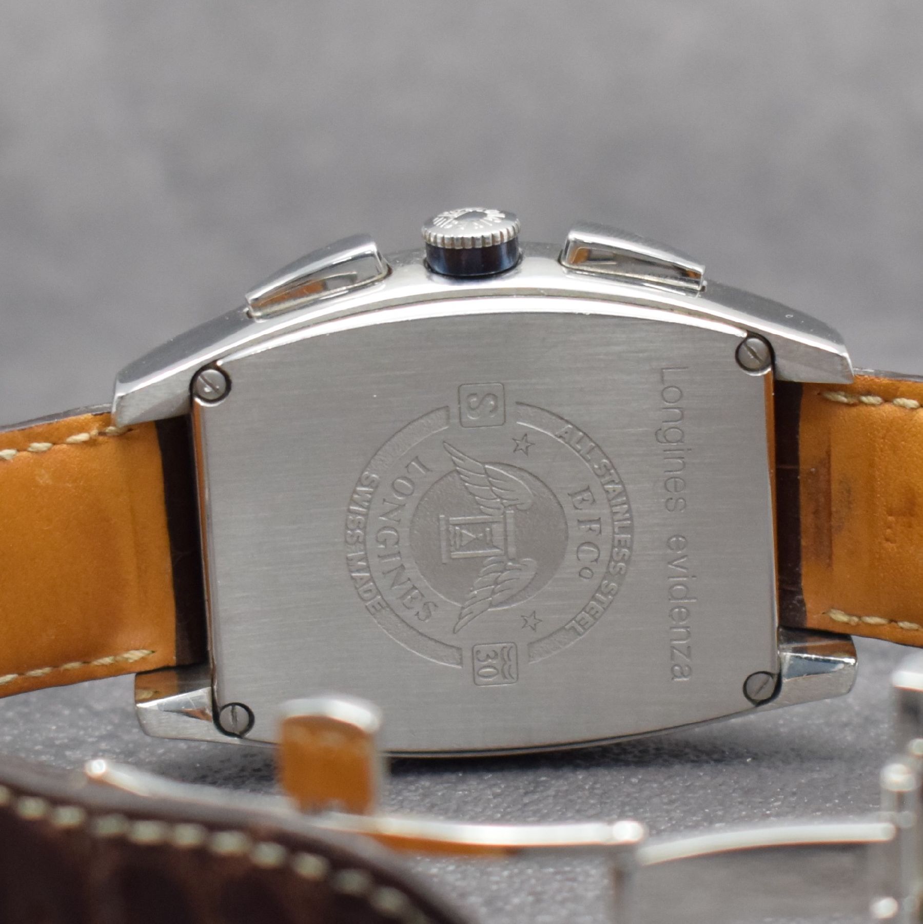 Detail f: LONGINES Evidenza Moonphase Armbandchronograph XL, Automatik, Schweiz um 2011, Ref. L2.688.4, tonneau-förm. Edelstahlgeh. inkl. orig. Lederband m. ...