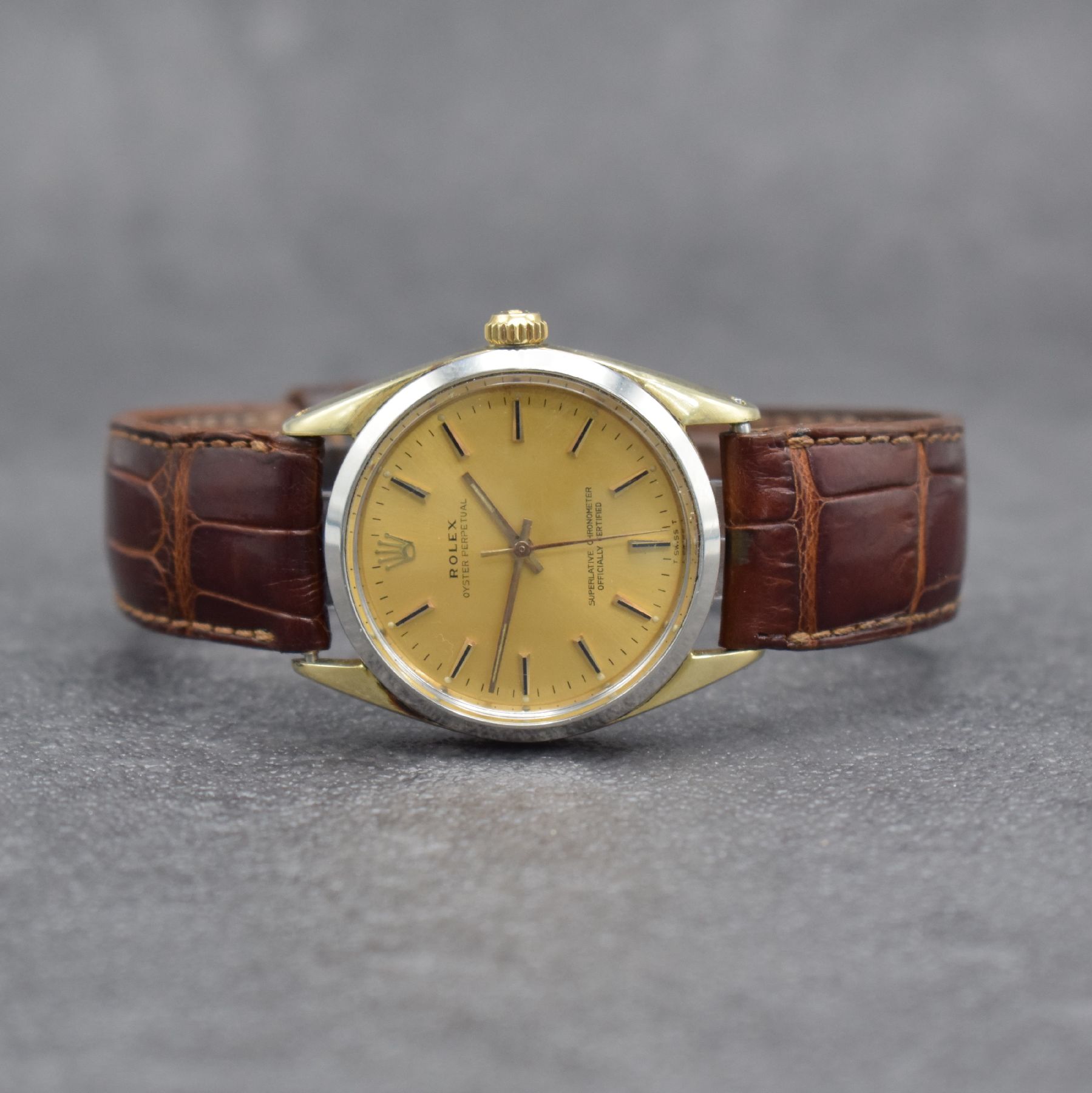 ROLEX Oyster Perpetual Herrenarmbanduhr, Schweiz um 1965, Ref. 1025, Automatik, verschr. Stahlgeh. m. Goldkappe, Stahl-Lünette ersetzt, Geh.-Nr. ...